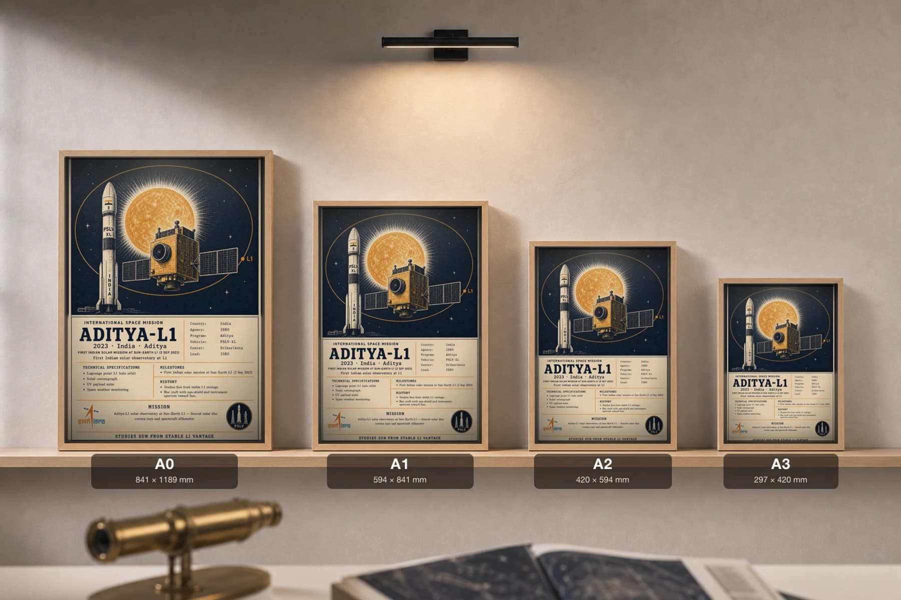 Aditya-L1 Poster — 2023 ISRO Solar Observatory International Space Constructivist Print · framed A2 — print size guide showing the artwork at A0, A1, A2 and A3 in natural-oak frames at true relative scale