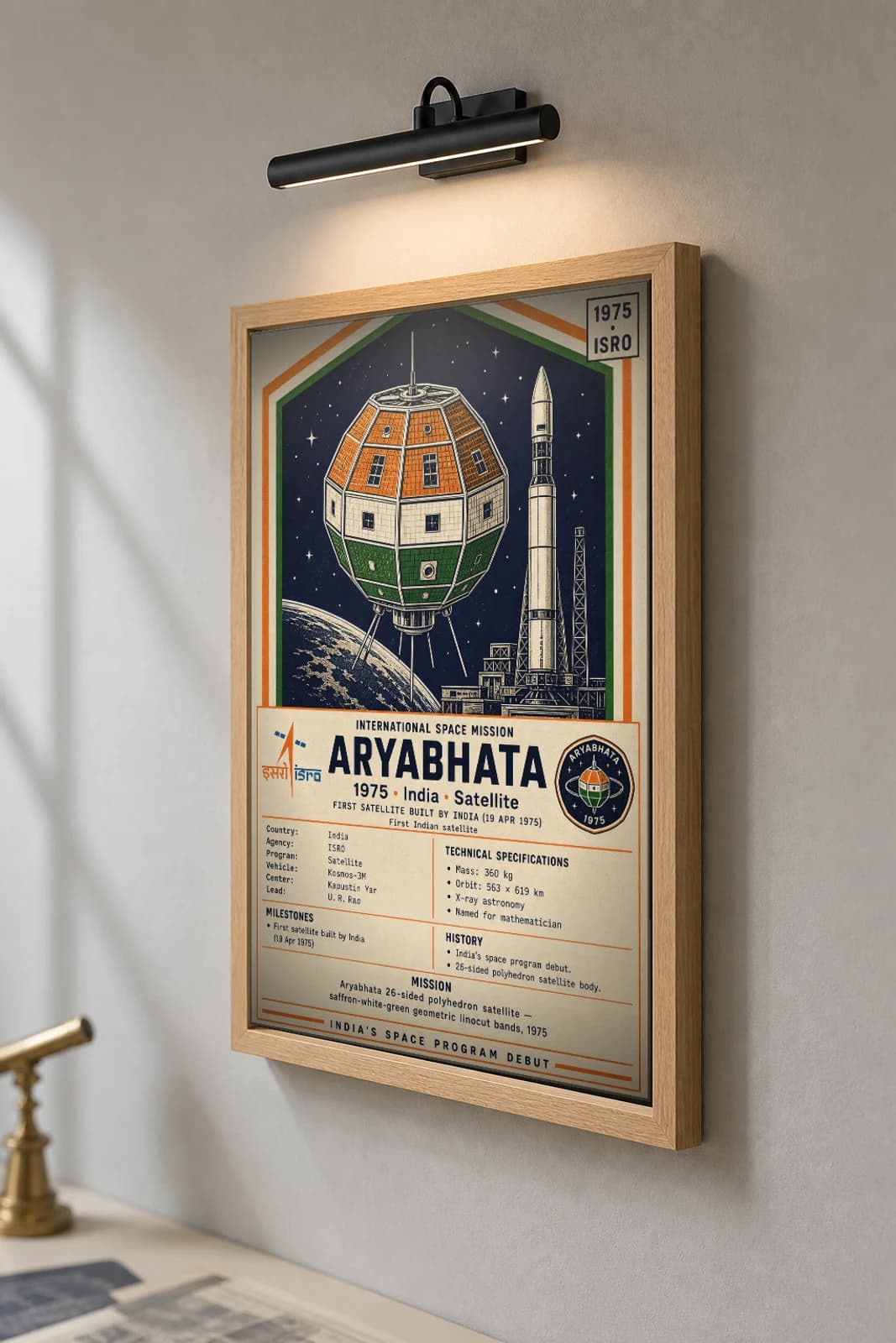 Aryabhata Poster — 1975 ISRO First Indian Satellite International Space Constructivist Print · framed A2 — the framed print shown at a three-quarter angle on a styled gallery wall in a natural-oak frame
