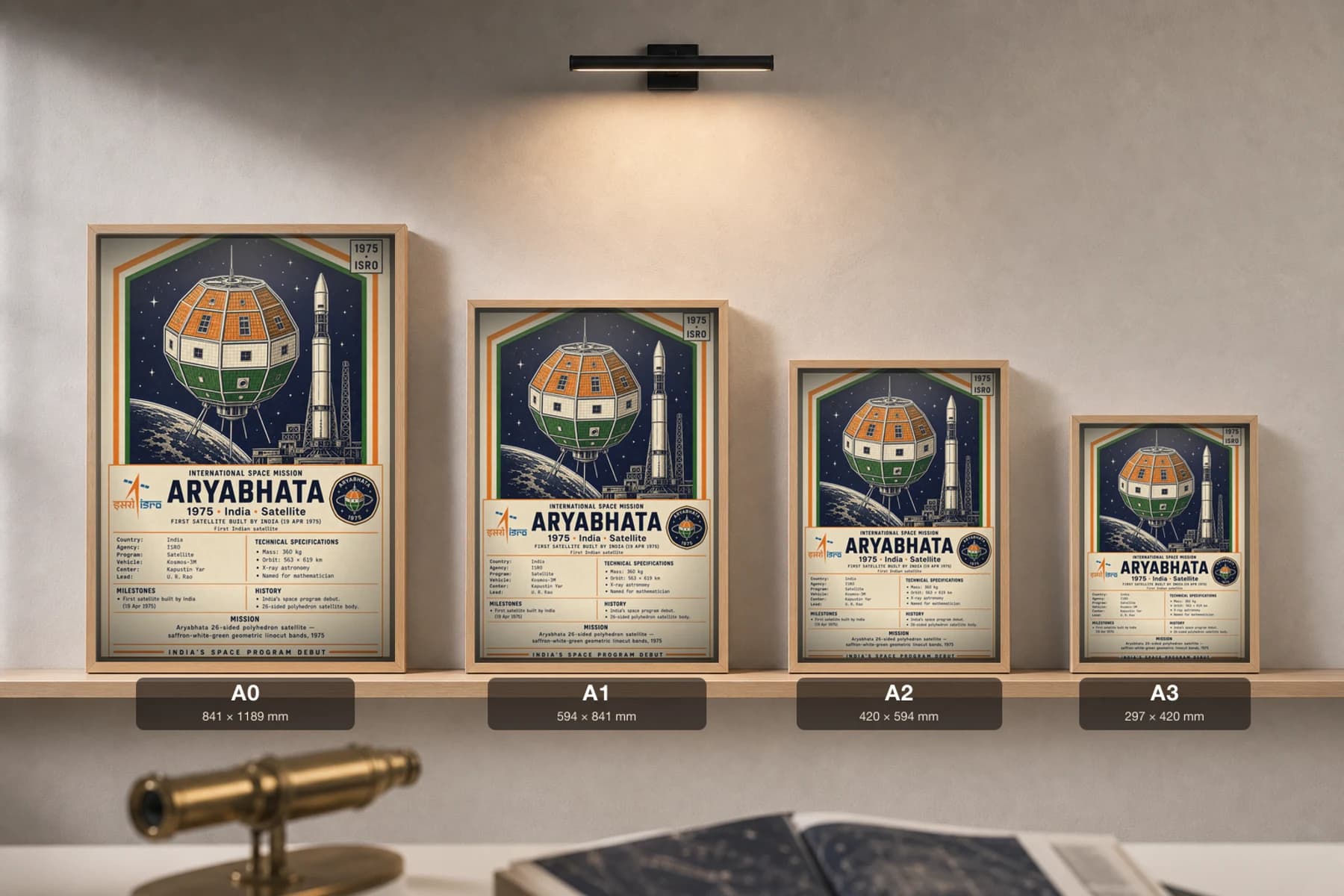 Aryabhata Poster — 1975 ISRO First Indian Satellite International Space Constructivist Print · framed A2 — print size guide showing the artwork at A0, A1, A2 and A3 in natural-oak frames at true relative scale