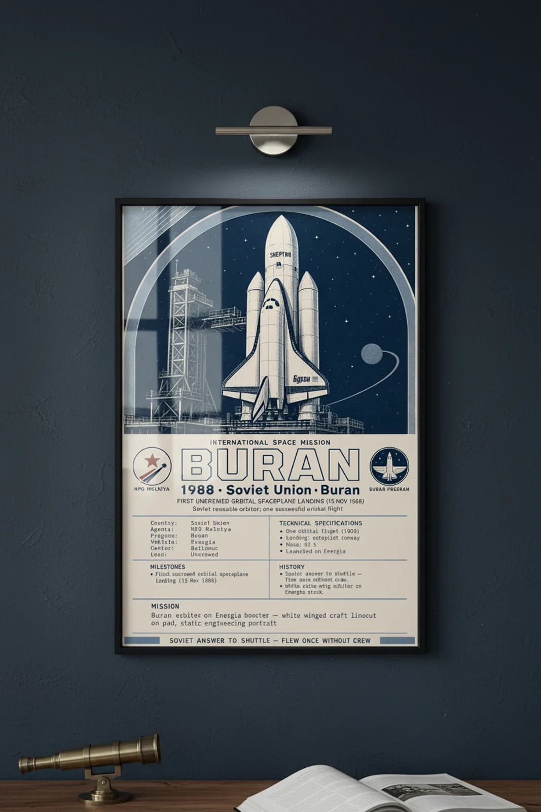 Buran international space print in black A2 frame on buran-accent deep-navy wall — International Space mockup