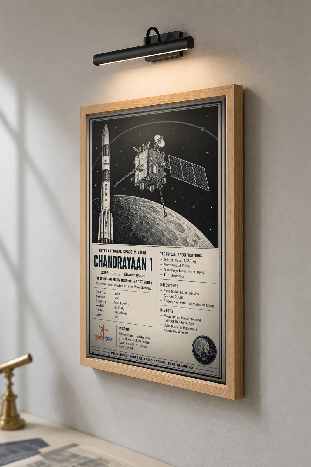 Chandrayaan-1 Poster — 2008 Indian Lunar Orbiter International Space Constructivist Print · framed A2 — the framed print shown at a three-quarter angle on a styled gallery wall in a natural-oak frame