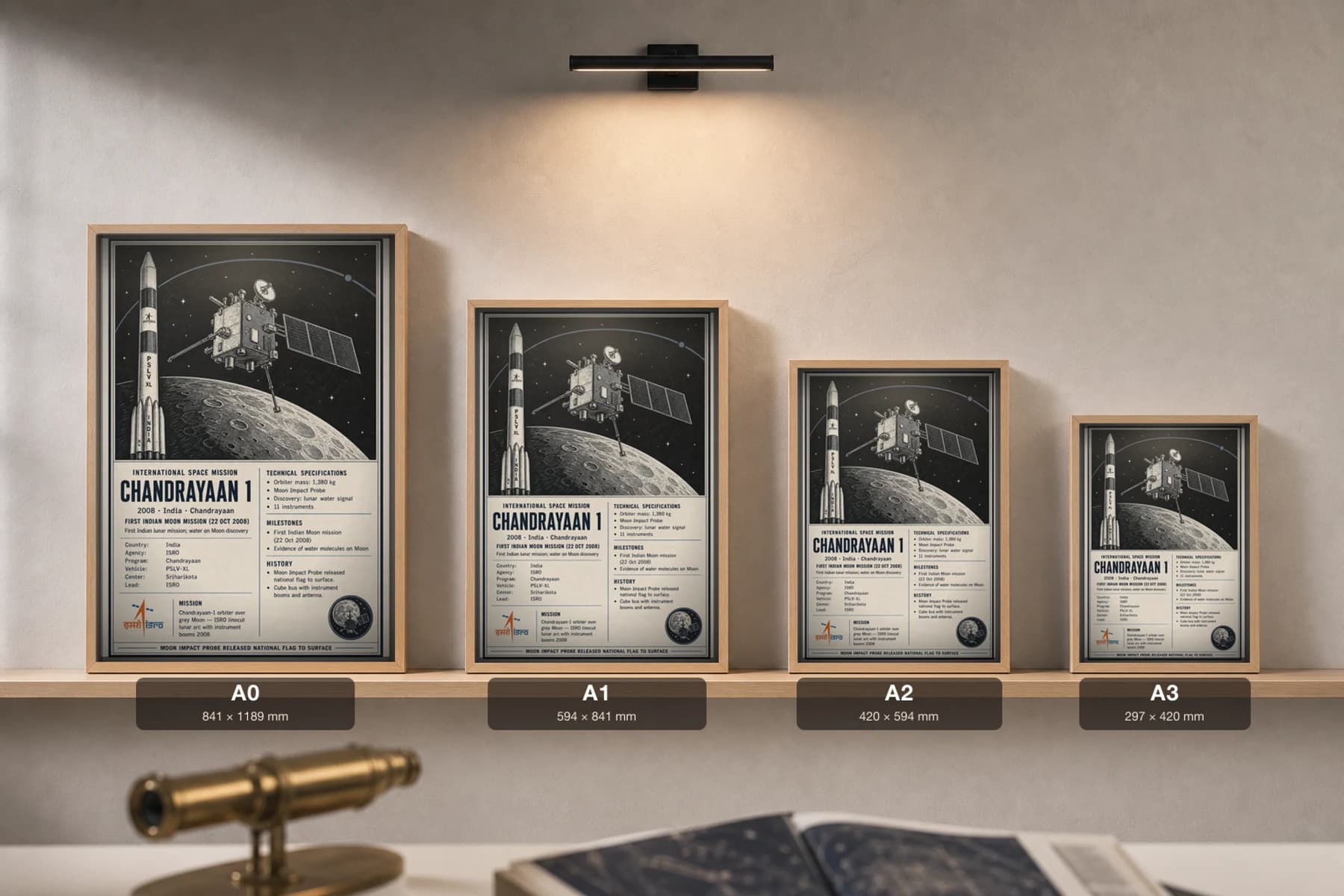 Chandrayaan-1 Poster — 2008 Indian Lunar Orbiter International Space Constructivist Print · framed A2 — print size guide showing the artwork at A0, A1, A2 and A3 in natural-oak frames at true relative scale
