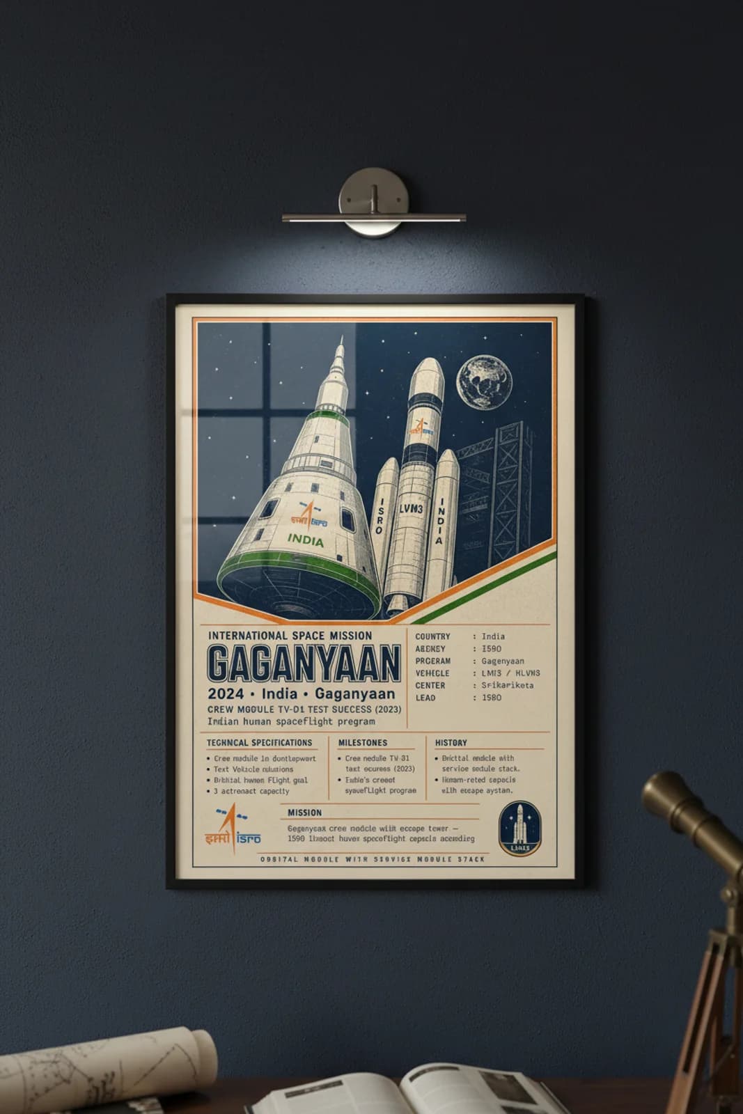 Gaganyaan international space print in black A2 frame on gaganyaan-accent deep-navy wall — International Space mockup