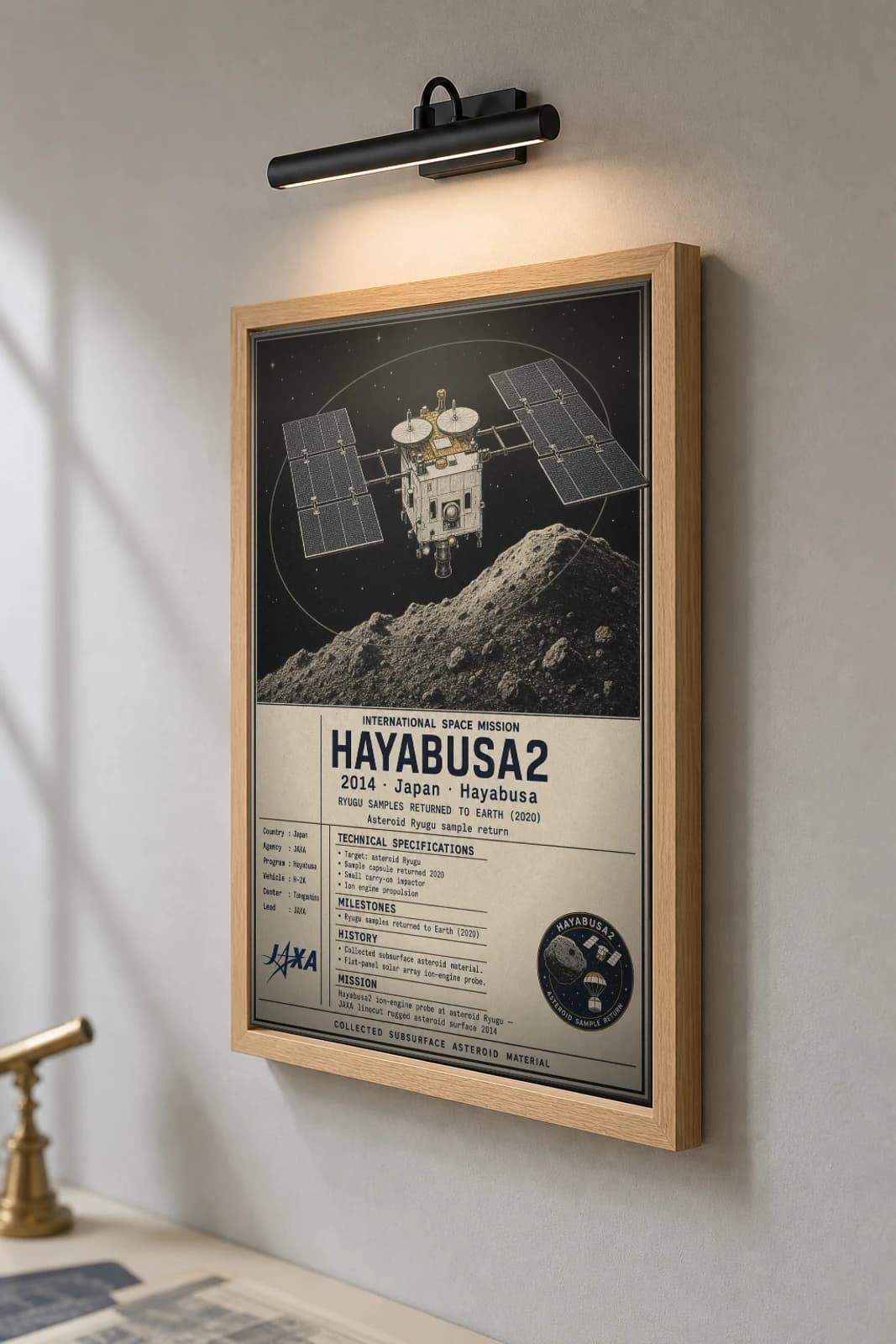 Hayabusa2 Poster — JAXA Asteroid Ryugu Sample Return International Space Constructivist Print · framed A2 — the framed print shown at a three-quarter angle on a styled gallery wall in a natural-oak frame