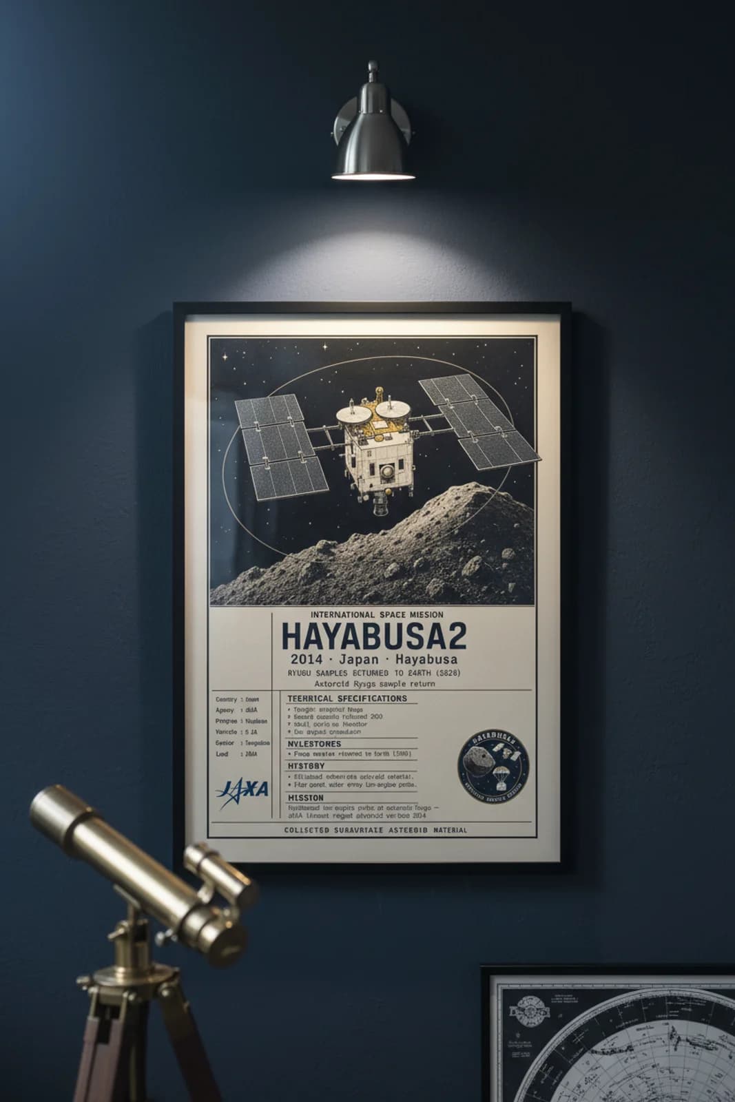 Hayabusa2 international space print in black A2 frame on hayabusa2-accent deep-navy wall — International Space mockup