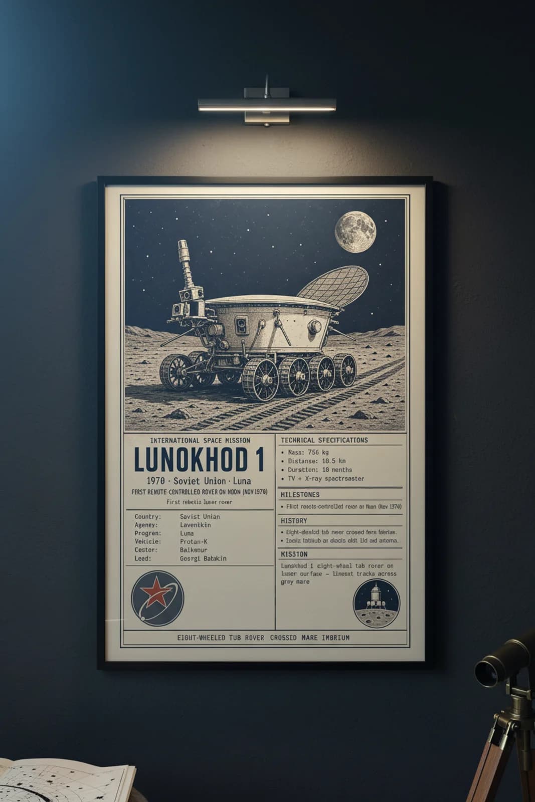 Lunokhod 1 — International Space international space print in black A2 frame on lunokhod-1-accent deep-navy wall — International Space mockup