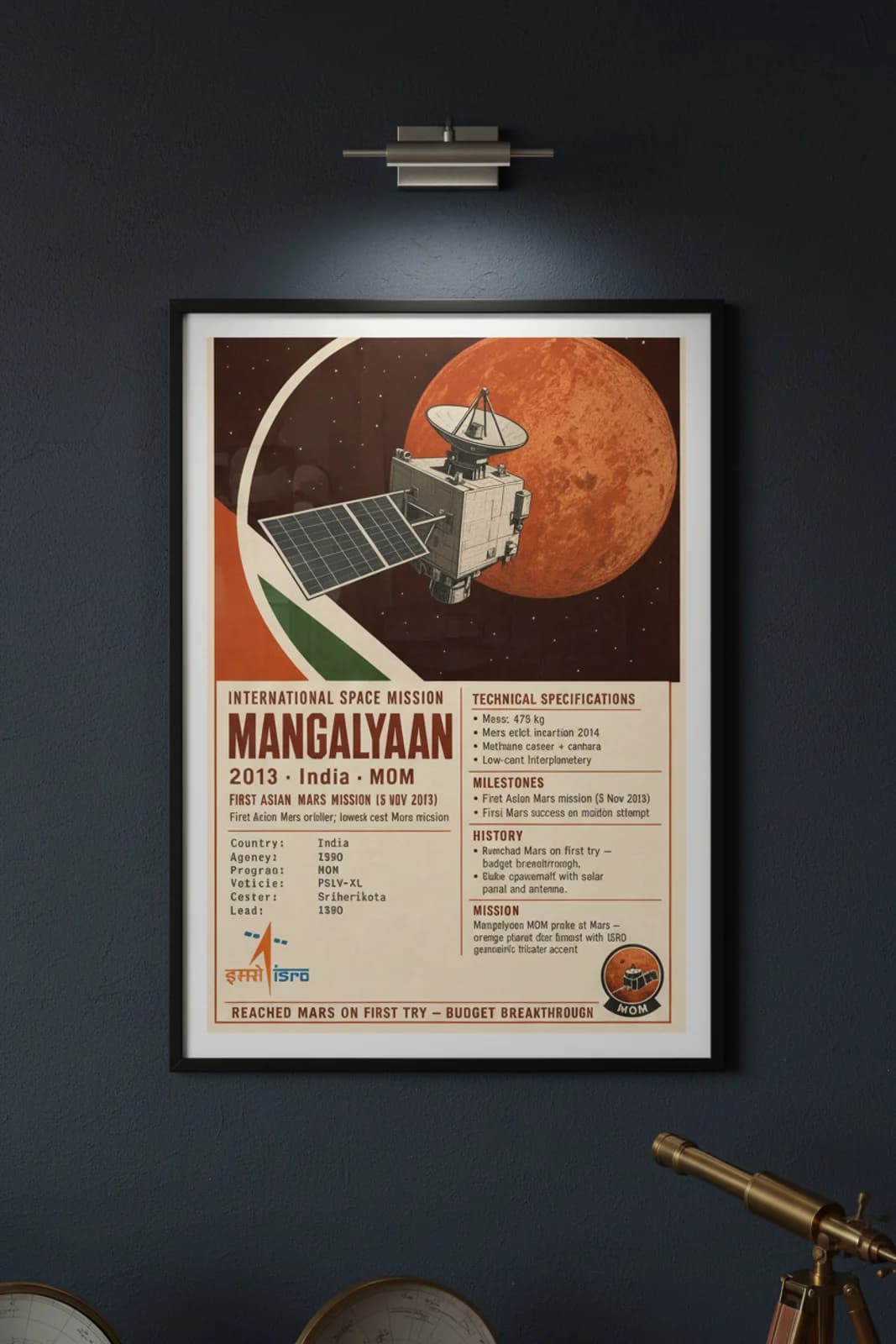 Mangalyaan international space print in black A2 frame on mangalyaan-accent deep-navy wall — International Space mockup