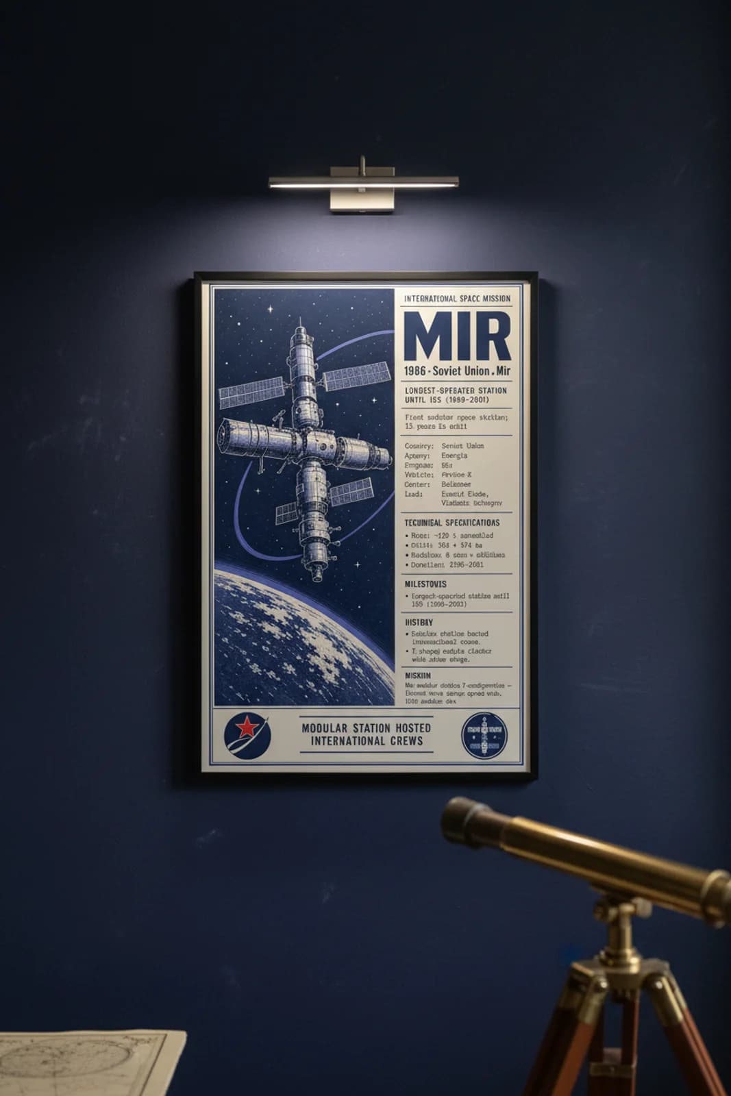 Mir international space print in black A2 frame on mir-station-accent deep-navy wall — International Space mockup
