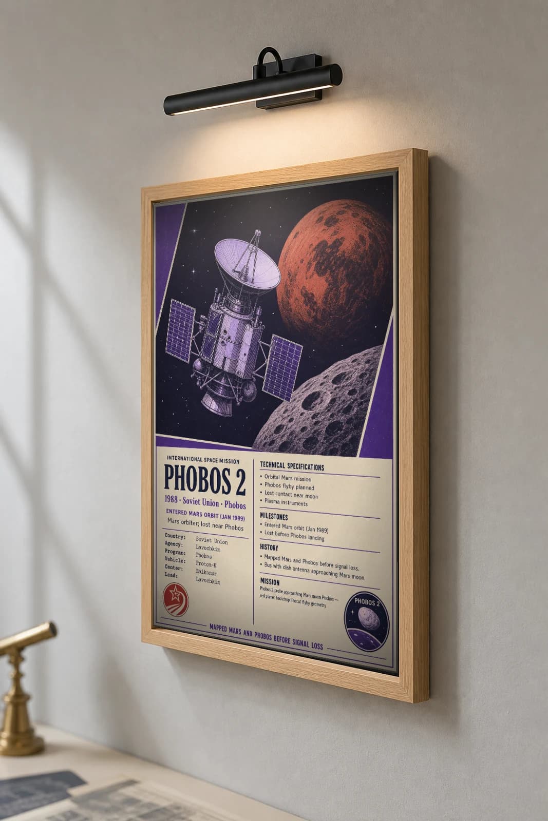 Phobos 2 Poster — 1988 Soviet Mars Orbiter International Space Constructivist Print · framed A2 — the framed print shown at a three-quarter angle on a styled gallery wall in a natural-oak frame