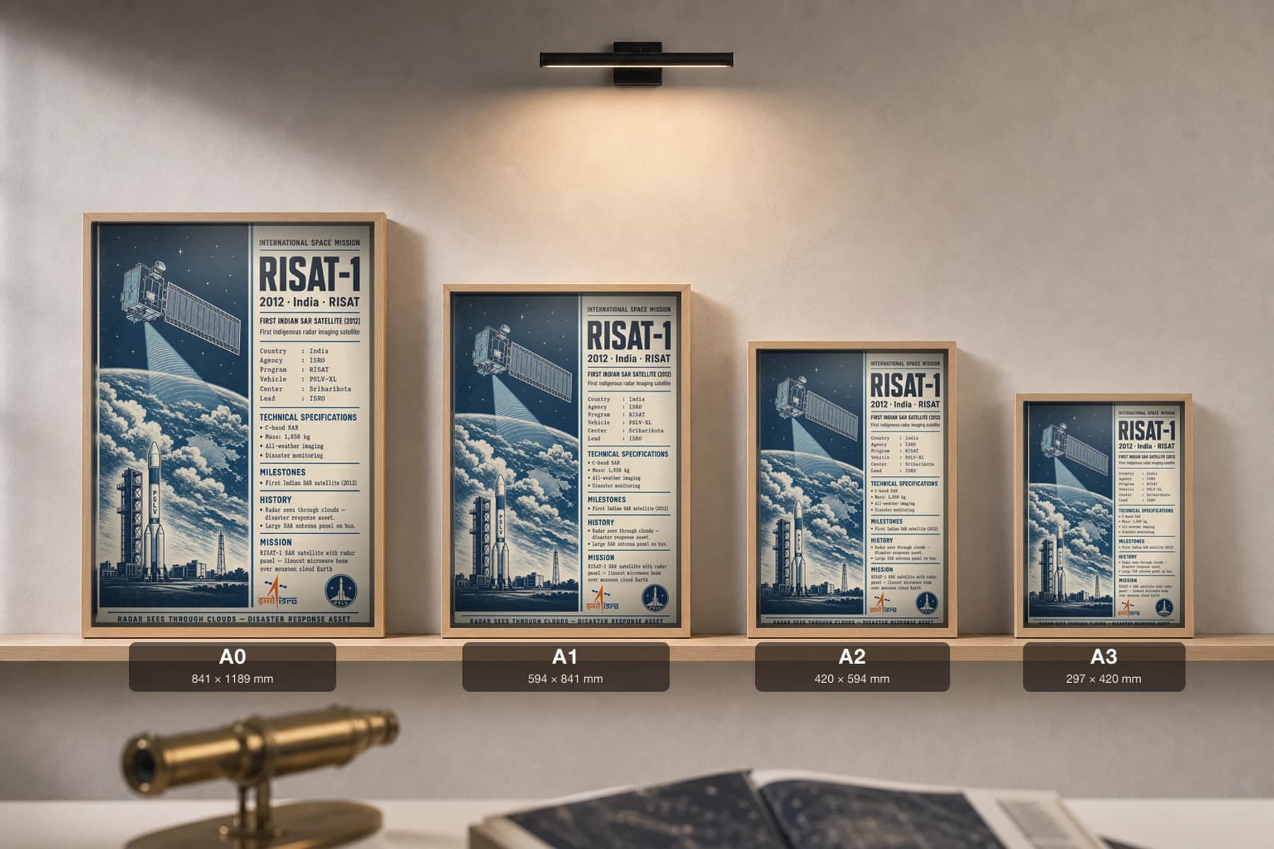 RISAT-1 Poster — 2012 ISRO SAR Radar Satellite International Space Constructivist Print · framed A2 — print size guide showing the artwork at A0, A1, A2 and A3 in natural-oak frames at true relative scale
