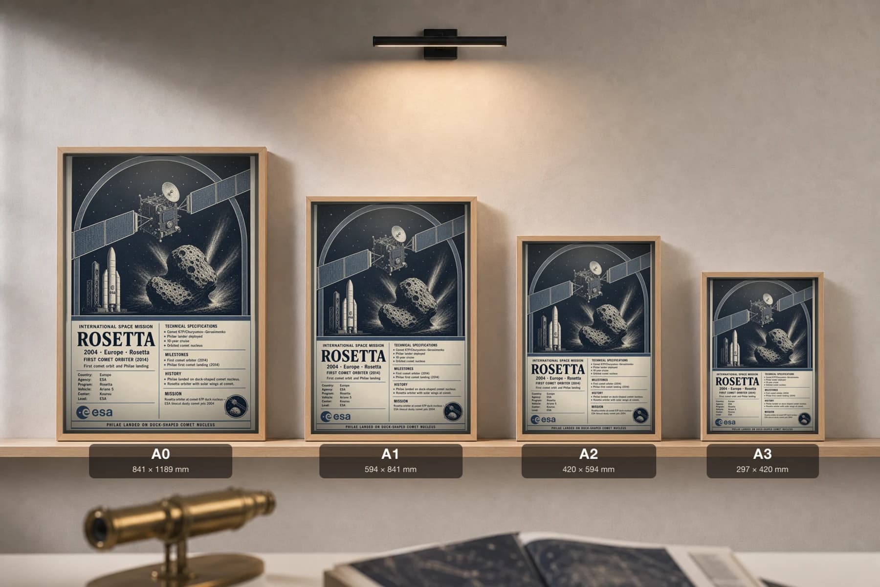 Rosetta Poster — 2004 ESA Comet 67P Mission International Space Constructivist Print · framed A2 — print size guide showing the artwork at A0, A1, A2 and A3 in natural-oak frames at true relative scale