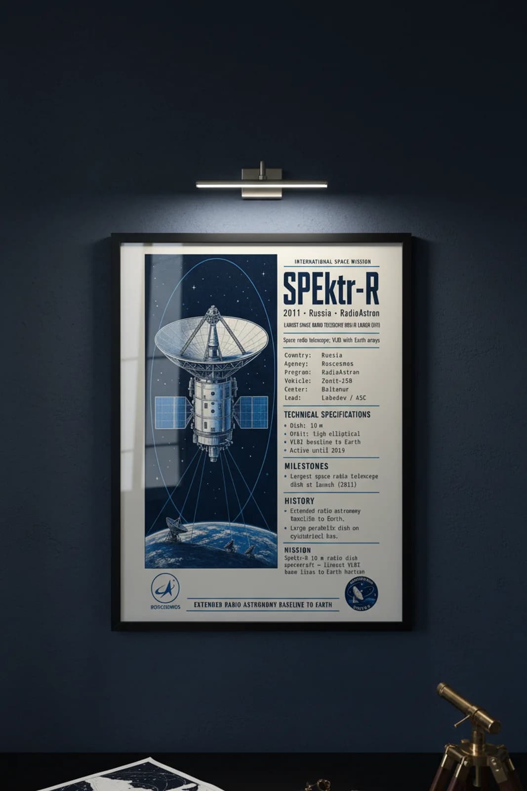 Spektr-R international space print in black A2 frame on spektr-r-accent deep-navy wall — International Space mockup