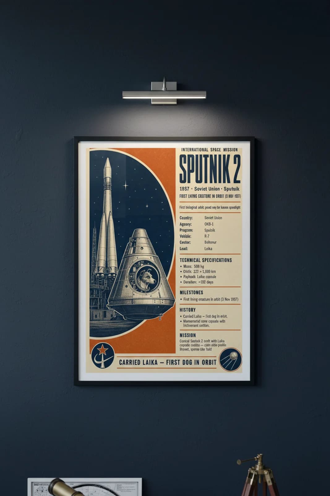 Sputnik 2 — International Space international space print in black A2 frame on sputnik-2-accent deep-navy wall — International Space mockup