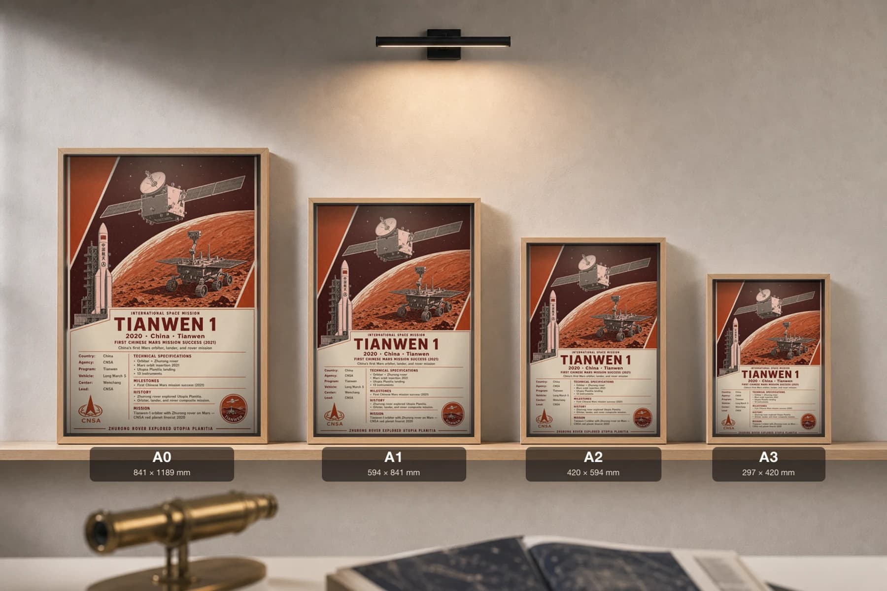 Tianwen 1 Poster — 2020 CNSA Mars Orbiter & Zhurong Rover International Space Constructivist Print · framed A2 — print size guide showing the artwork at A0, A1, A2 and A3 in natural-oak frames at true relative scale