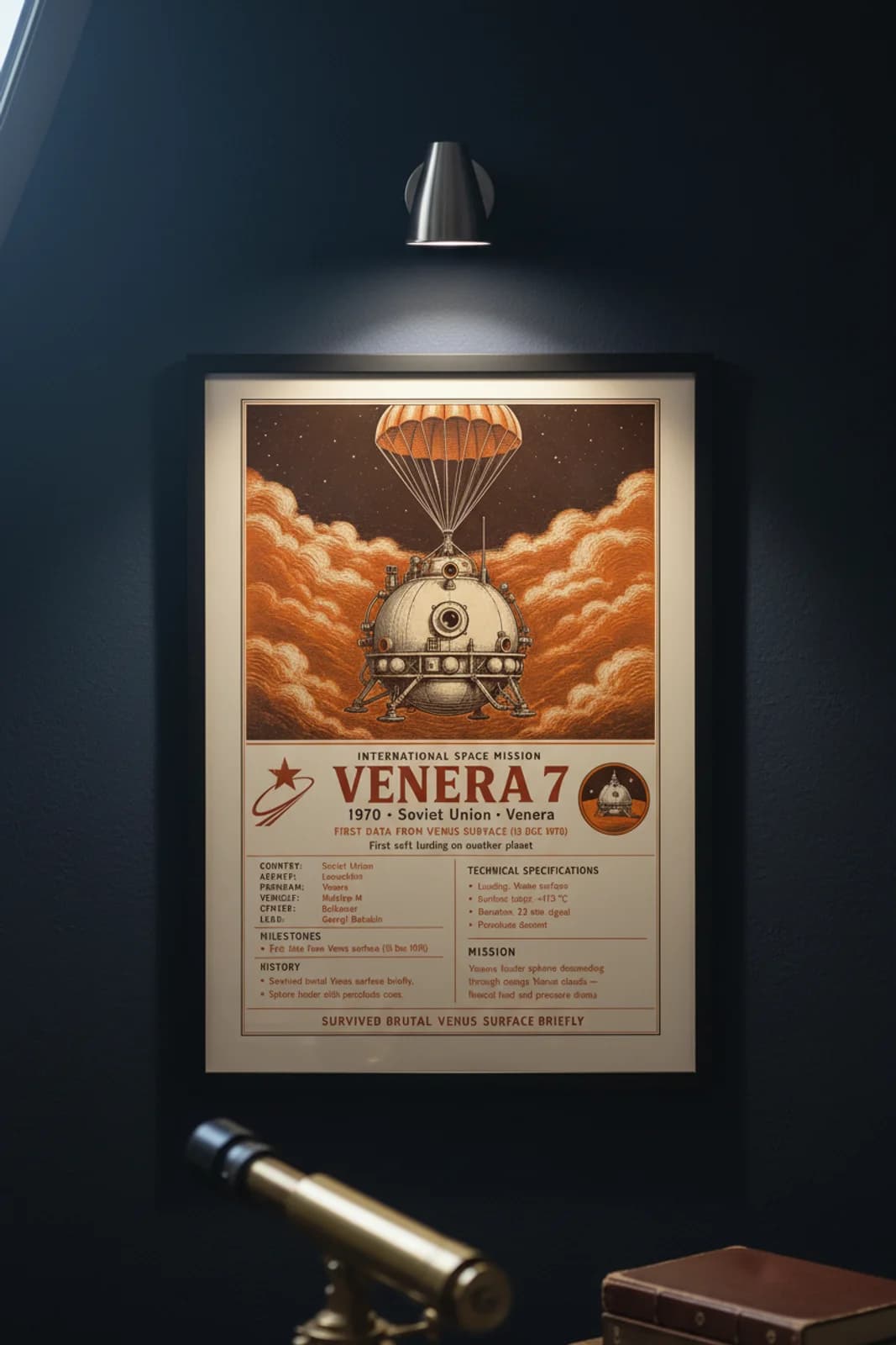 Venera 7 international space print in black A2 frame on venera-7-accent deep-navy wall — International Space mockup