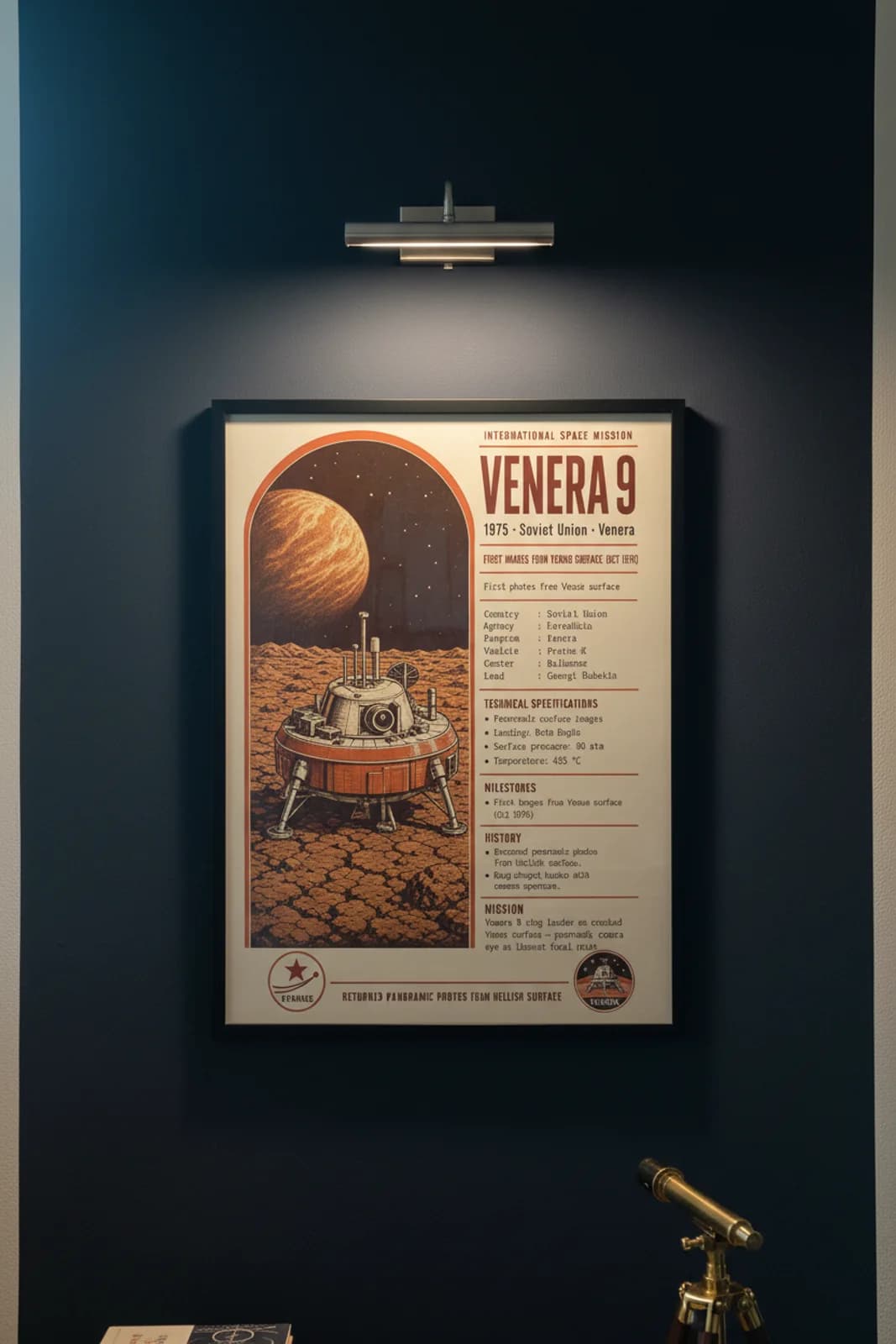 Venera 9 international space print in black A2 frame on venera-9-accent deep-navy wall — International Space mockup