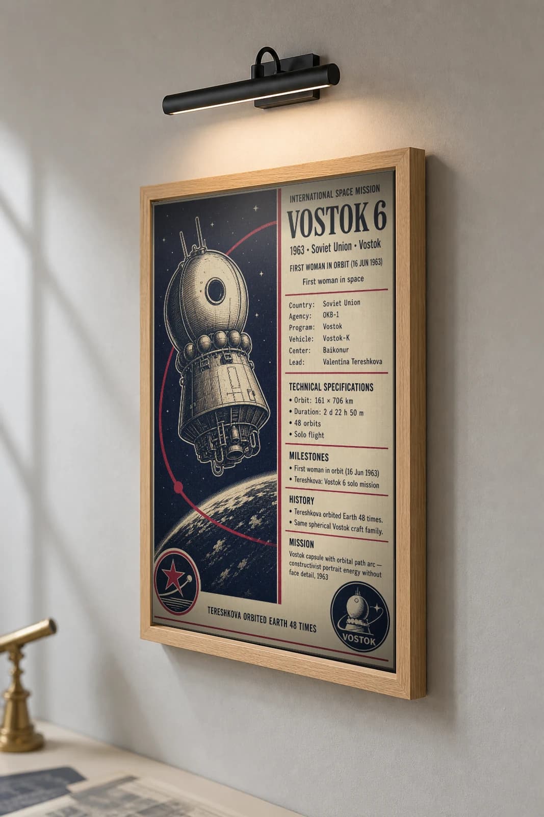 VOSTOK 6 Poster — 1963 OKB-1 International Space Mission Print · framed A2 — the framed print shown at a three-quarter angle on a styled gallery wall in a natural-oak frame