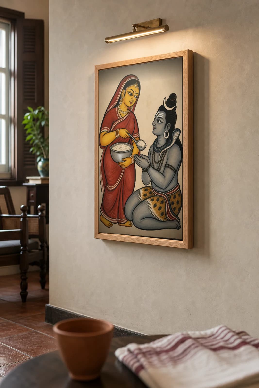 Annapurna Kalighat Print — the goddess of food ladles rice to kneeling Shiva, devotional Bengal patua brush, hand-numbered collector edition — the framed print shown at a three-quarter angle on a styled gallery wall in a natural-oak frame
