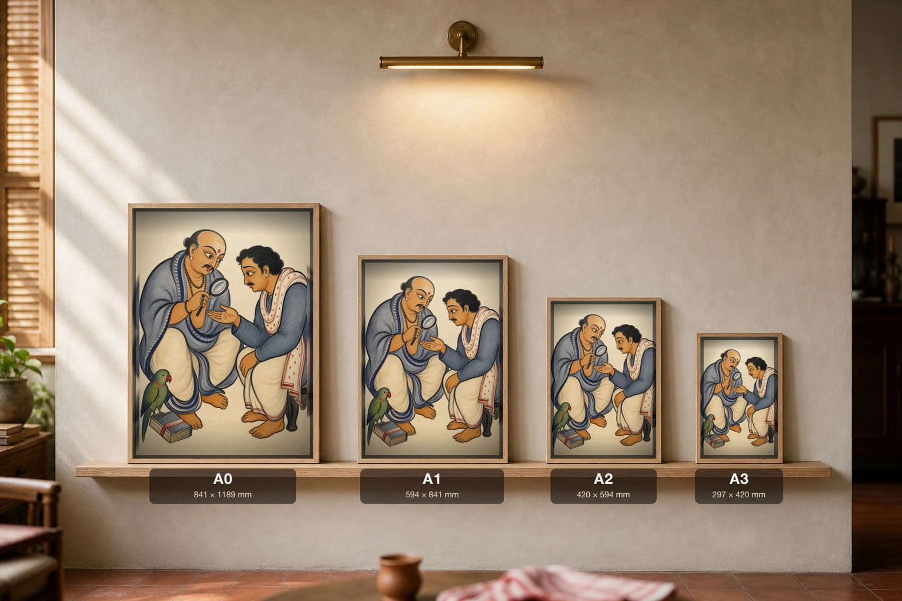 The Jyotishi Kalighat Print — the bald astrologer reads a worried client's palm through a magnifying glass, contemporary Bengal patua satire, hand-numbered collector edition — print size guide showing the artwork at A0, A1, A2 and A3 in natural-oak frames at true relative scale