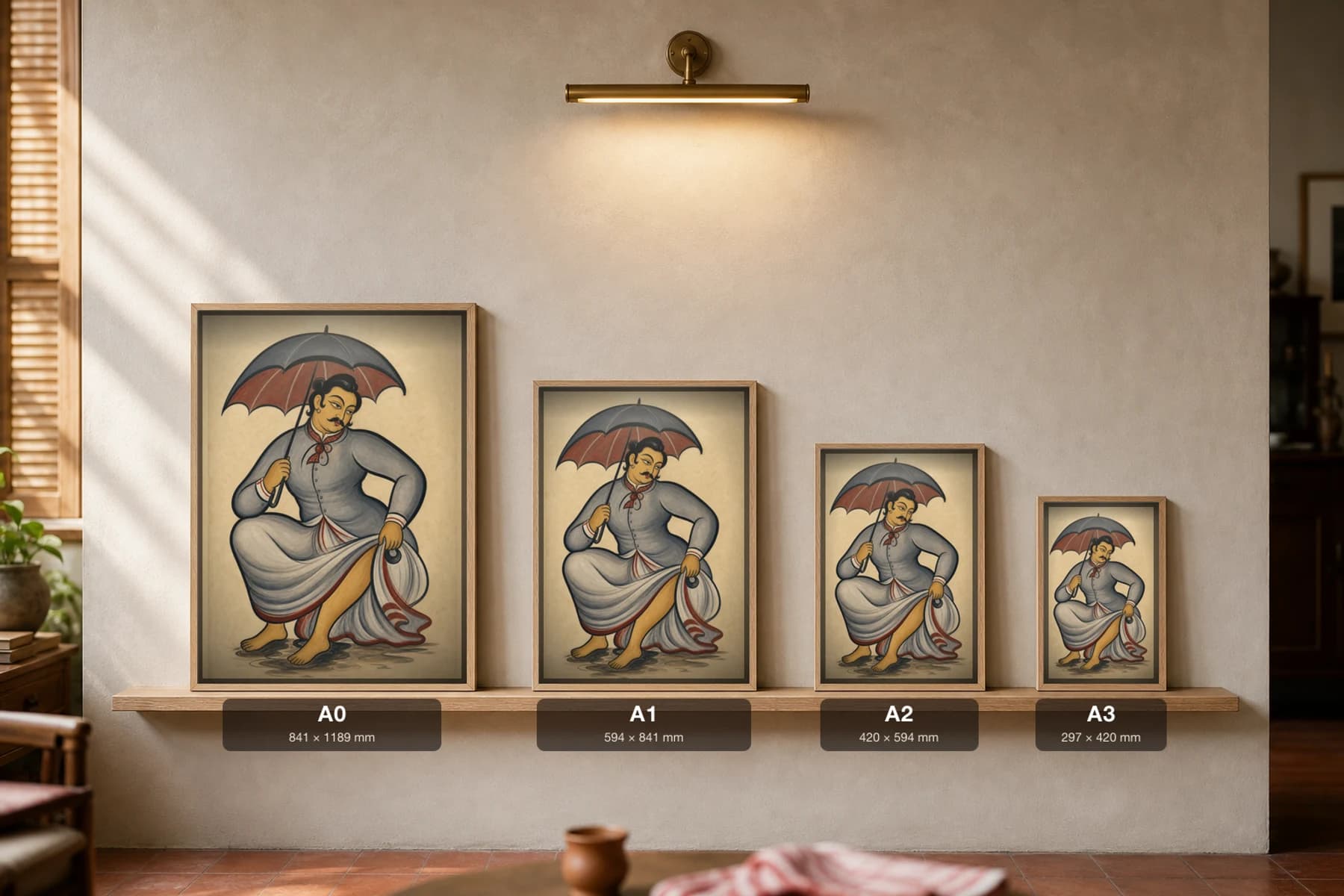 Babu in the Rain Kalighat Print — the dandy crouches under an umbrella lifting his dhoti from the puddles, 19th-century Bengal patua satire, hand-numbered collector edition — print size guide showing the artwork at A0, A1, A2 and A3 in natural-oak frames at true relative scale