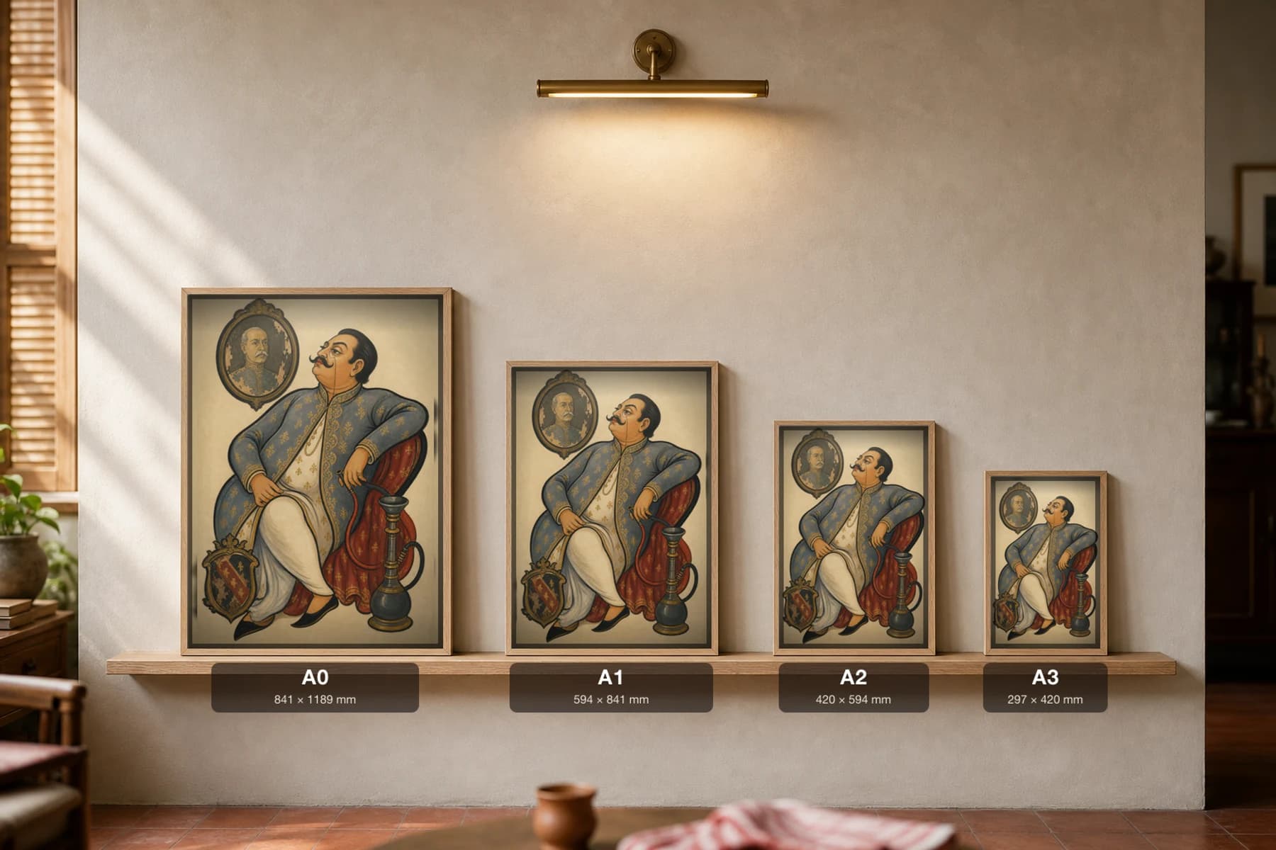 The Bonedi Snob Kalighat Print — the old-money aristocrat reclining with hookah, ancestor portrait and family crest, contemporary Bengal patua satire, hand-numbered collector edition — print size guide showing the artwork at A0, A1, A2 and A3 in natural-oak frames at true relative scale