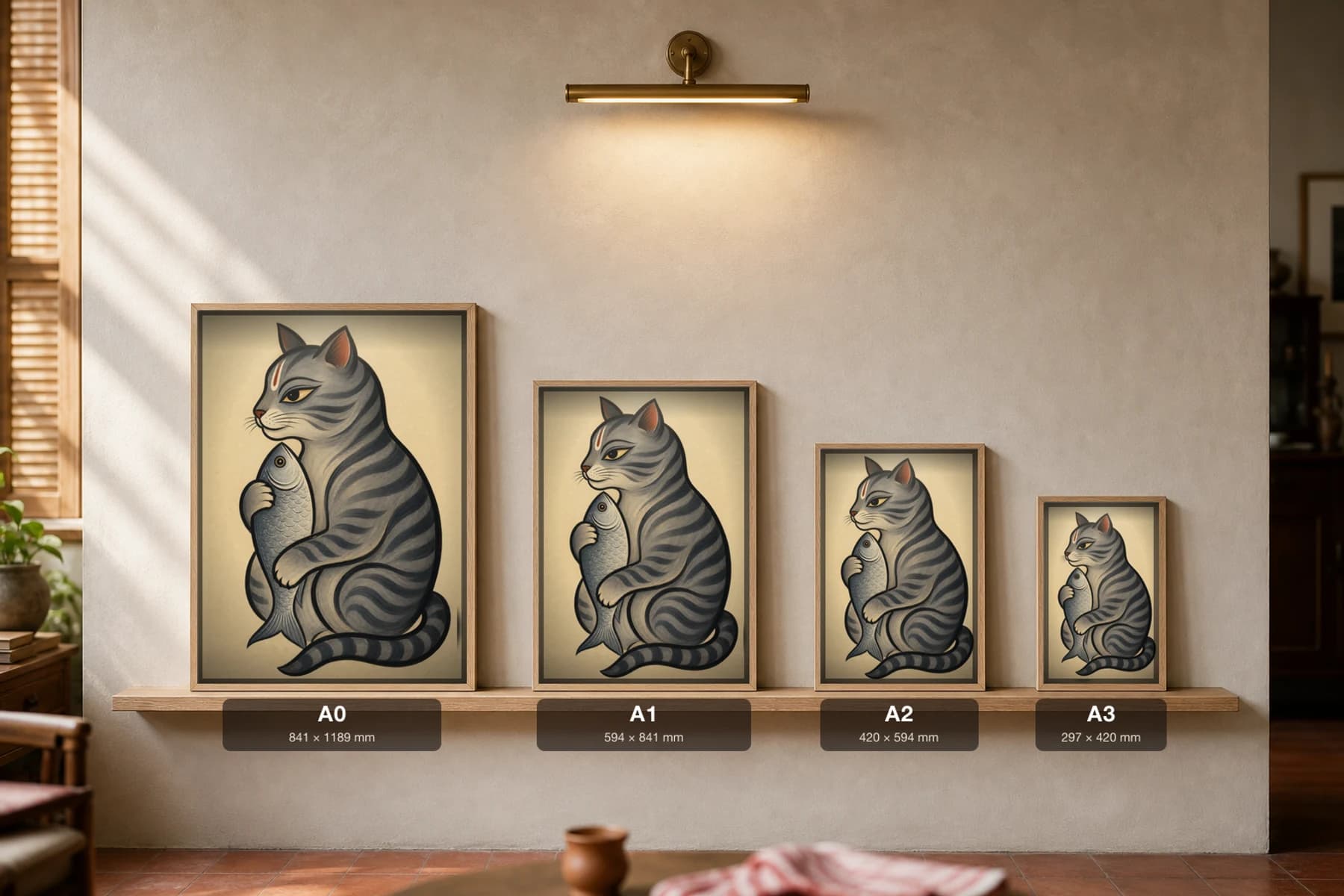Cat with Fish Kalighat Print — the pious-marked tabby clutching a stolen fish, the famous Bengal patua emblem of hypocrisy, hand-numbered collector edition — print size guide showing the artwork at A0, A1, A2 and A3 in natural-oak frames at true relative scale