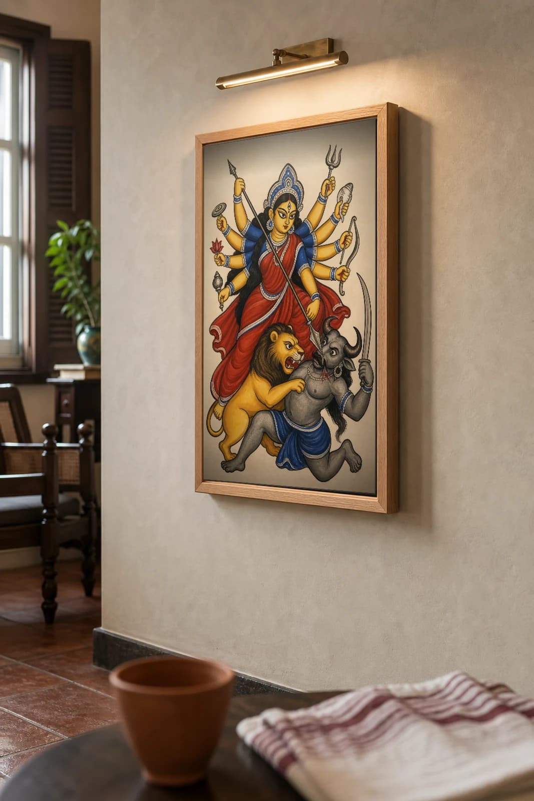 Durga Mahishasura Kalighat Print — the ten-armed goddess on her lion spearing the buffalo-demon, devotional Bengal patua brush, hand-numbered collector edition — the framed print shown at a three-quarter angle on a styled gallery wall in a natural-oak frame