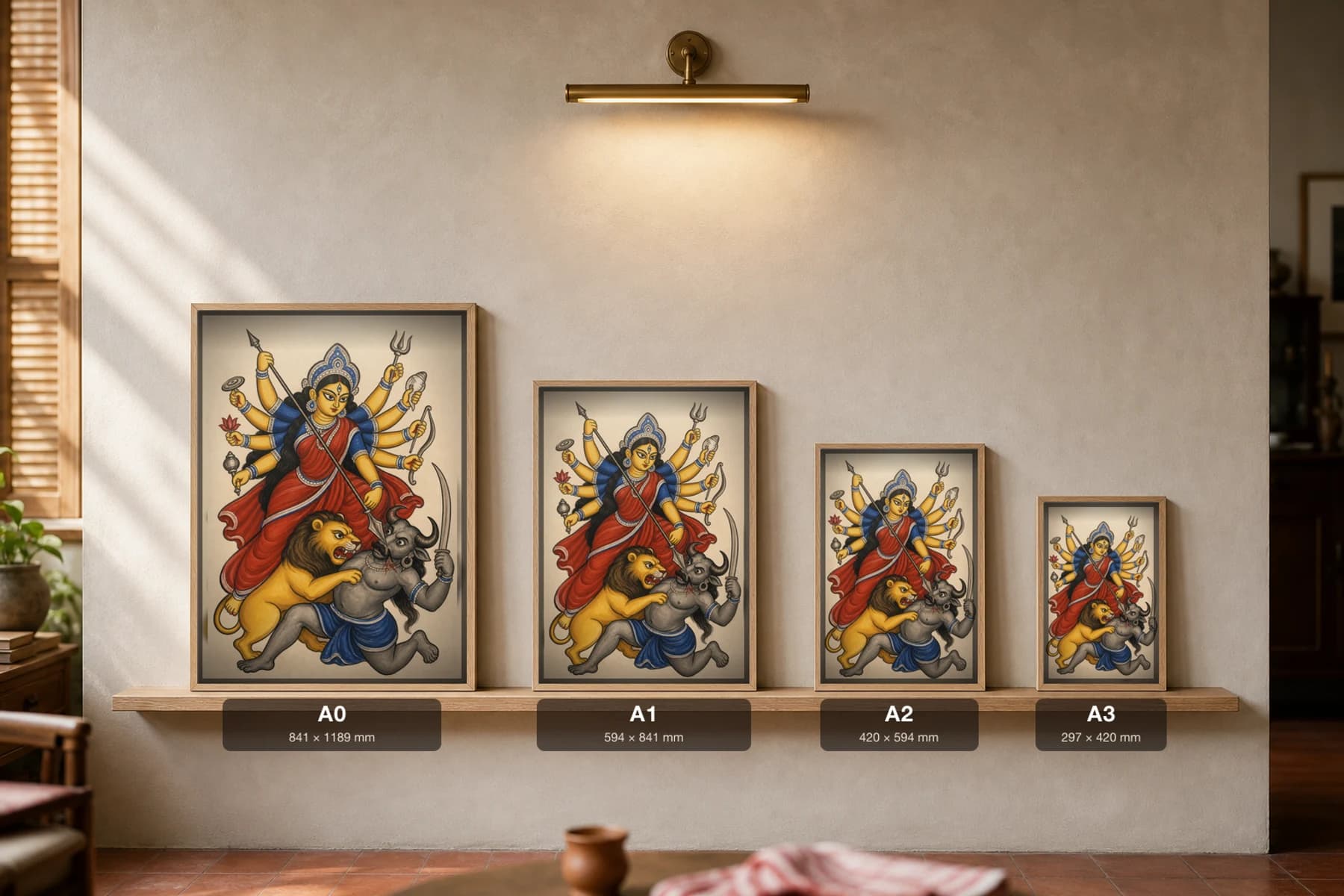 Durga Mahishasura Kalighat Print — the ten-armed goddess on her lion spearing the buffalo-demon, devotional Bengal patua brush, hand-numbered collector edition — print size guide showing the artwork at A0, A1, A2 and A3 in natural-oak frames at true relative scale