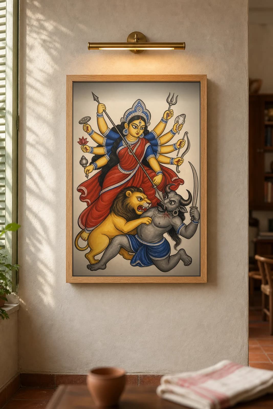 Durga Mahishasura — framed museum print, Kalighat
