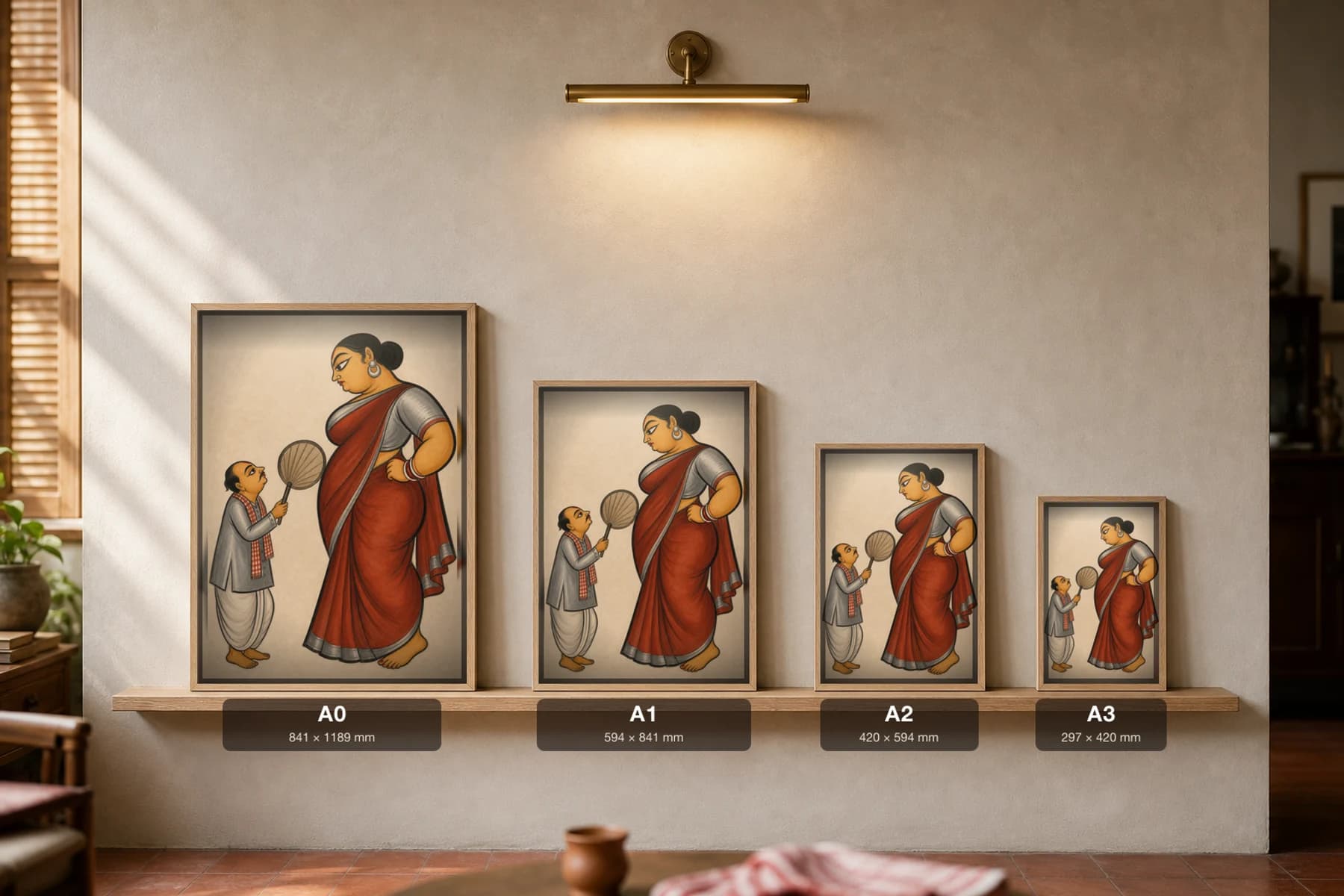 Joru Ka Ghulam Kalighat Print — the tiny henpecked husband fanning his towering wife, 19th-century Bengal patua satire of the inverted household, hand-numbered collector edition — print size guide showing the artwork at A0, A1, A2 and A3 in natural-oak frames at true relative scale