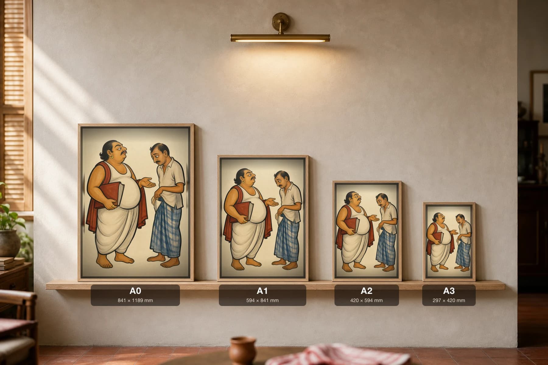 The Bariwala — Kalighat-style art print of the rent-collecting landlord facing his tenant, Bengal patua brush · collector edition · framed A2 — print size guide showing the artwork at A0, A1, A2 and A3 in natural-oak frames at true relative scale