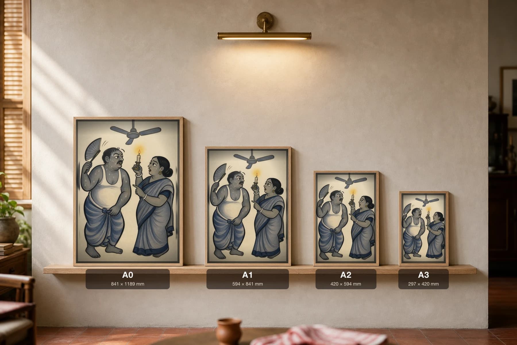 The Load-Shedding — Kalighat-style art print of a sweating household under a dead ceiling fan, Bengal patua brush · collector edition · framed A2 — print size guide showing the artwork at A0, A1, A2 and A3 in natural-oak frames at true relative scale