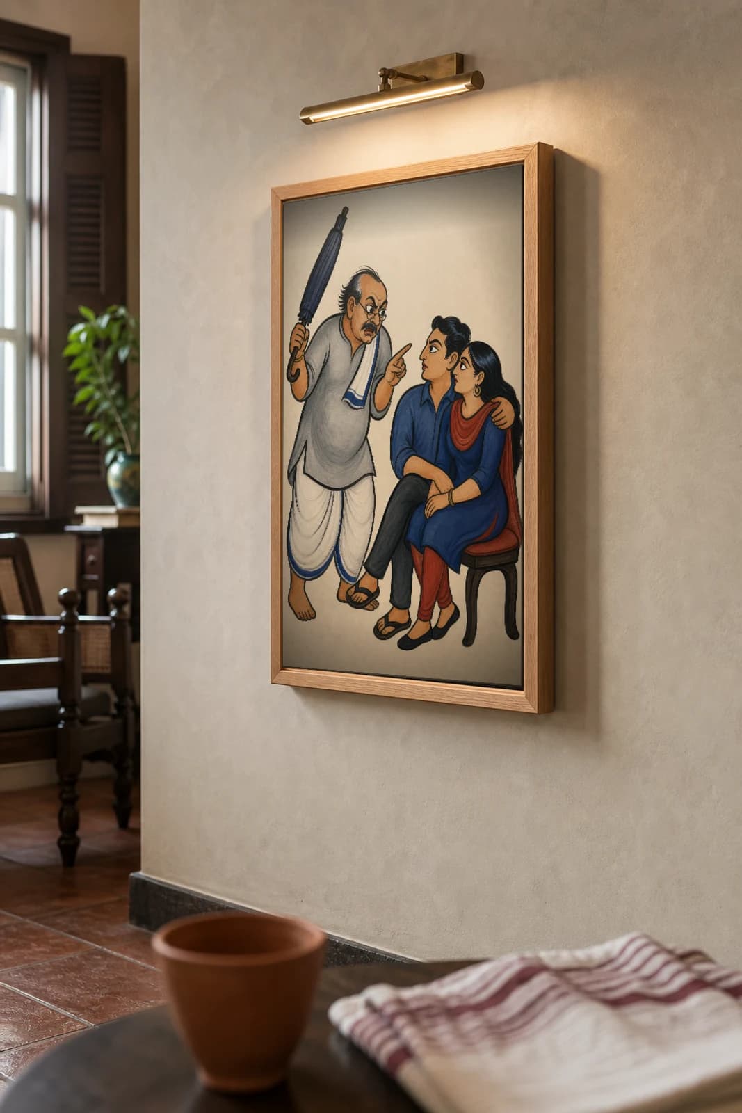 The Moral-Police Jethu — Kalighat-style art print of an outraged uncle brandishing an umbrella at a young couple, Bengal patua brush · collector edition · framed A2 — the framed print shown at a three-quarter angle on a styled gallery wall in a natural-oak frame