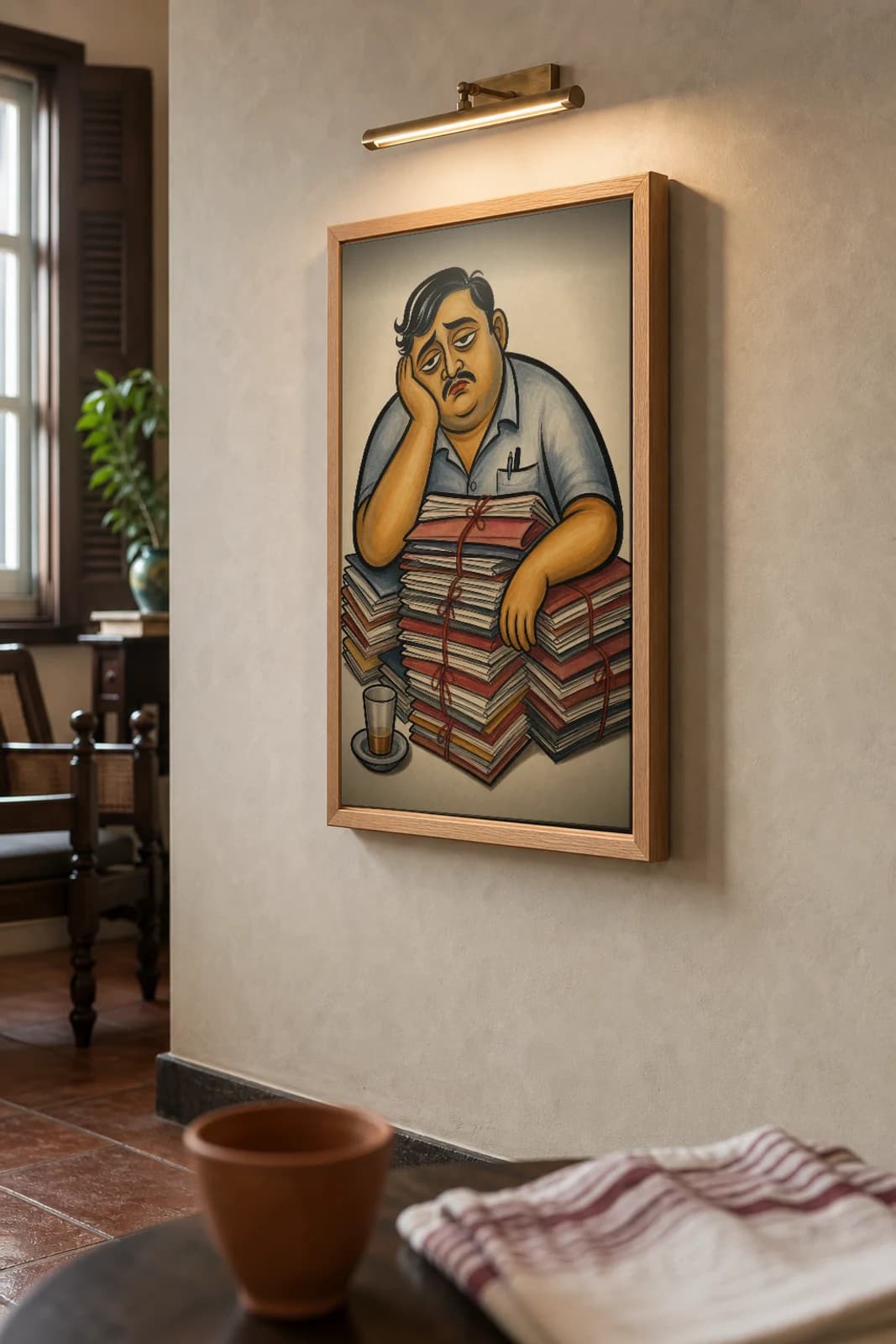 The Office Babu — Kalighat-style art print of a weary clerk slumped over his tower of files, Bengal patua brush · collector edition · framed A2 — the framed print shown at a three-quarter angle on a styled gallery wall in a natural-oak frame