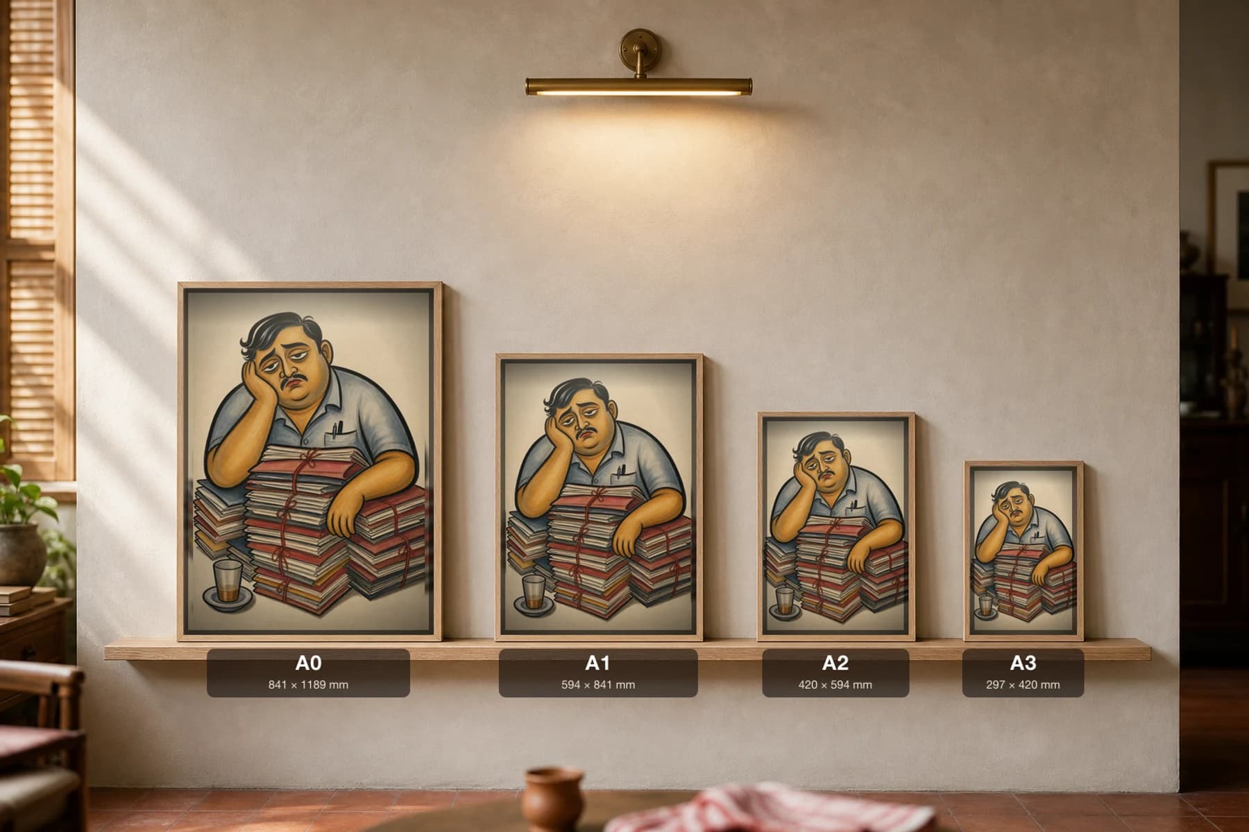 The Office Babu — Kalighat-style art print of a weary clerk slumped over his tower of files, Bengal patua brush · collector edition · framed A2 — print size guide showing the artwork at A0, A1, A2 and A3 in natural-oak frames at true relative scale