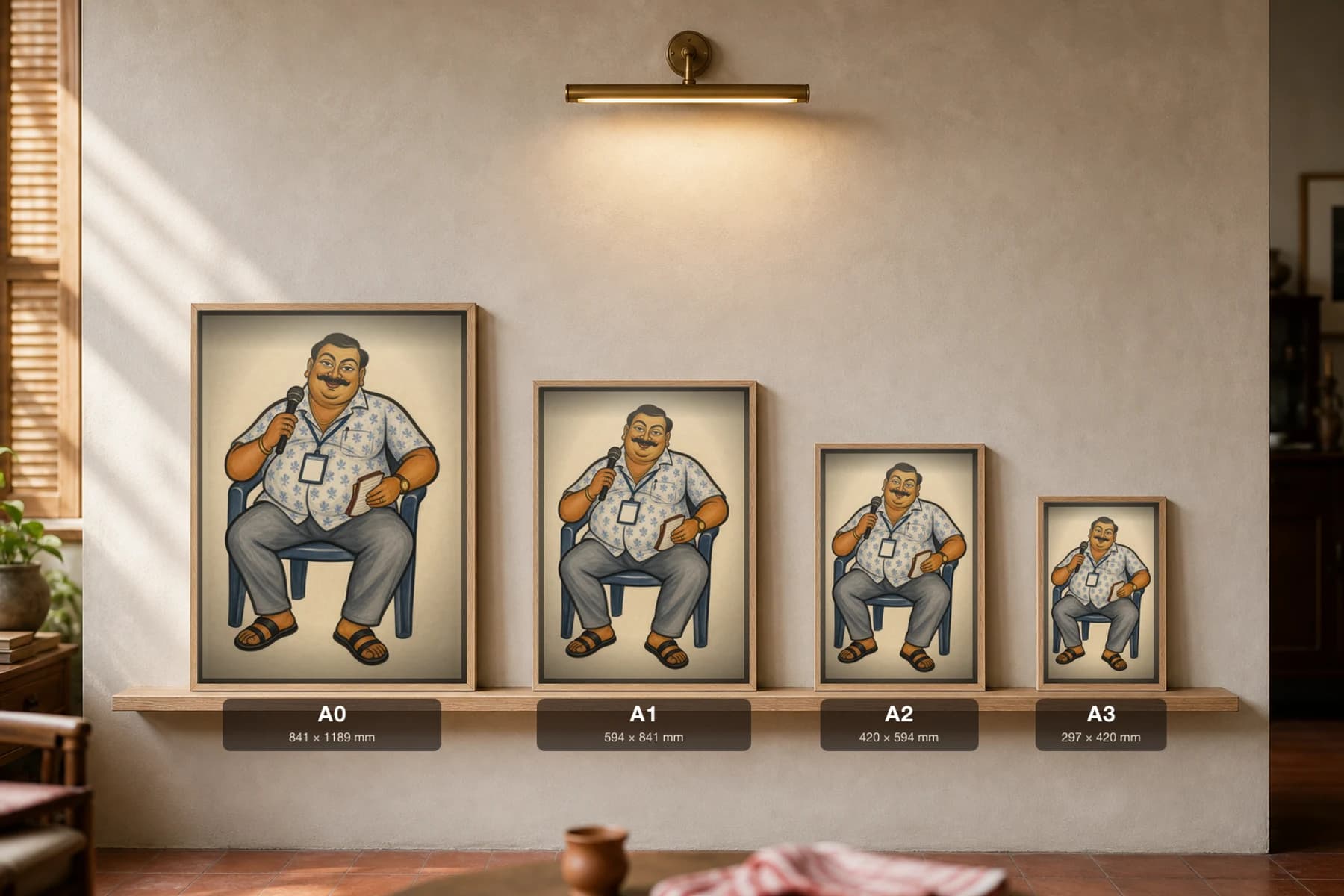 The Pandal Dada — Kalighat-style art print of the puja-committee chief enthroned in a plastic chair with mic and lanyard, Bengal patua brush · collector edition · framed A2 — print size guide showing the artwork at A0, A1, A2 and A3 in natural-oak frames at true relative scale