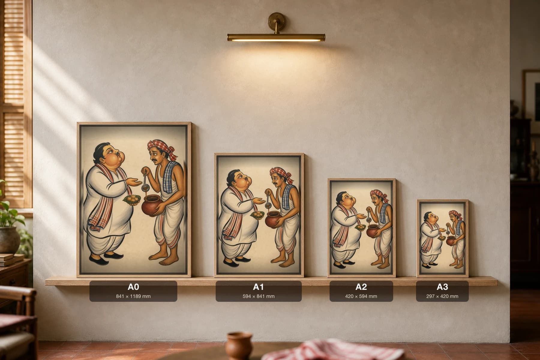 The Phuchka-Wallah — Kalighat-style art print of a glutton facing the phuchka-seller and his clay pot, Bengal patua brush · collector edition · framed A2 — print size guide showing the artwork at A0, A1, A2 and A3 in natural-oak frames at true relative scale