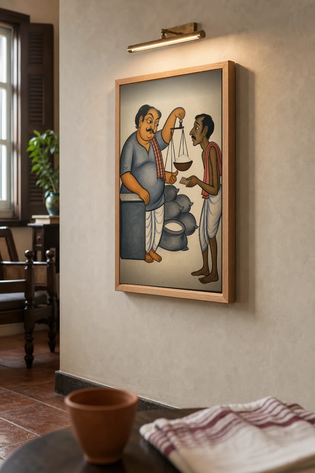 The Ration Dealer — Kalighat-style art print of a corrupt shopkeeper short-weighing a poor customer, Bengal patua brush · collector edition · framed A2 — the framed print shown at a three-quarter angle on a styled gallery wall in a natural-oak frame