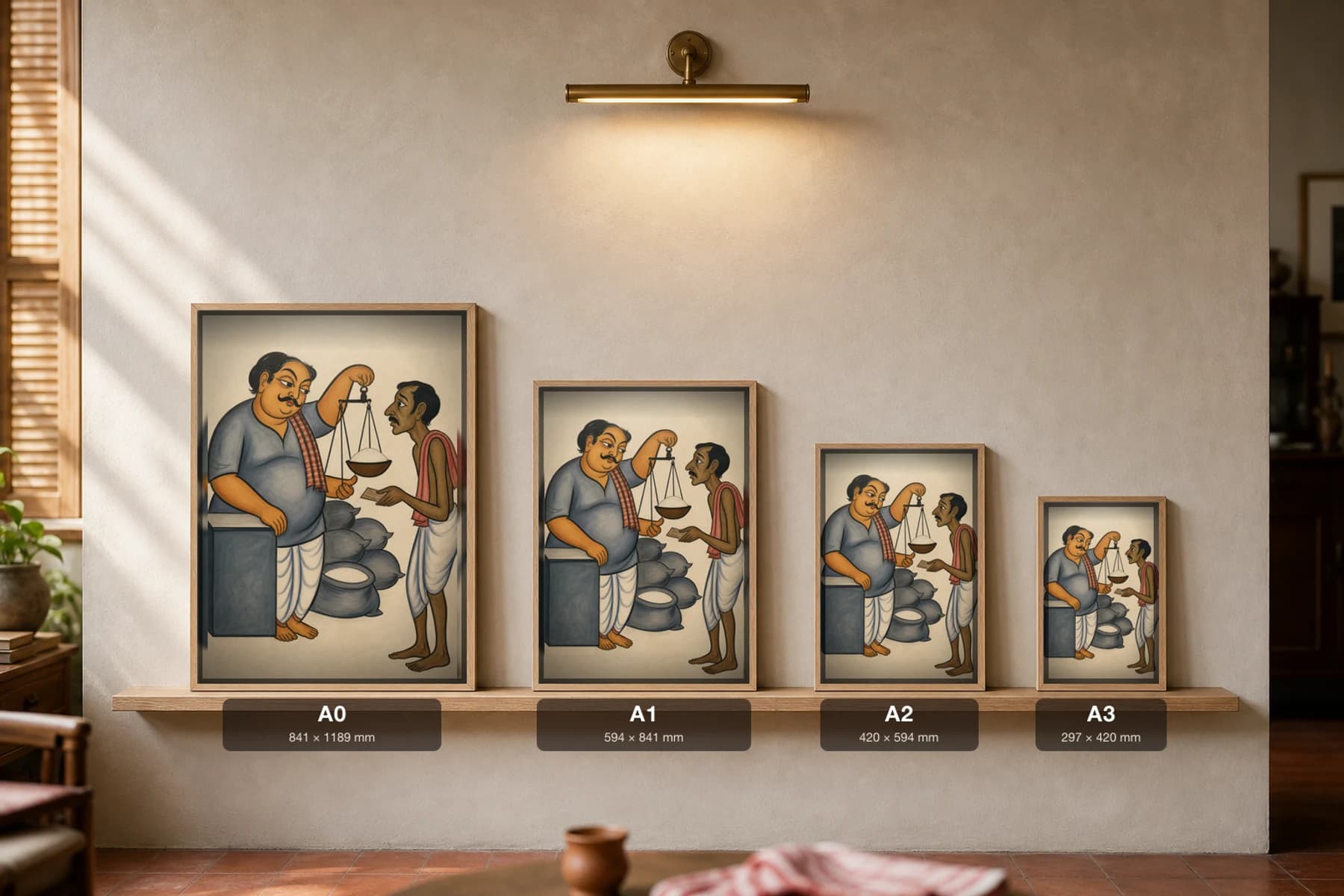The Ration Dealer — Kalighat-style art print of a corrupt shopkeeper short-weighing a poor customer, Bengal patua brush · collector edition · framed A2 — print size guide showing the artwork at A0, A1, A2 and A3 in natural-oak frames at true relative scale