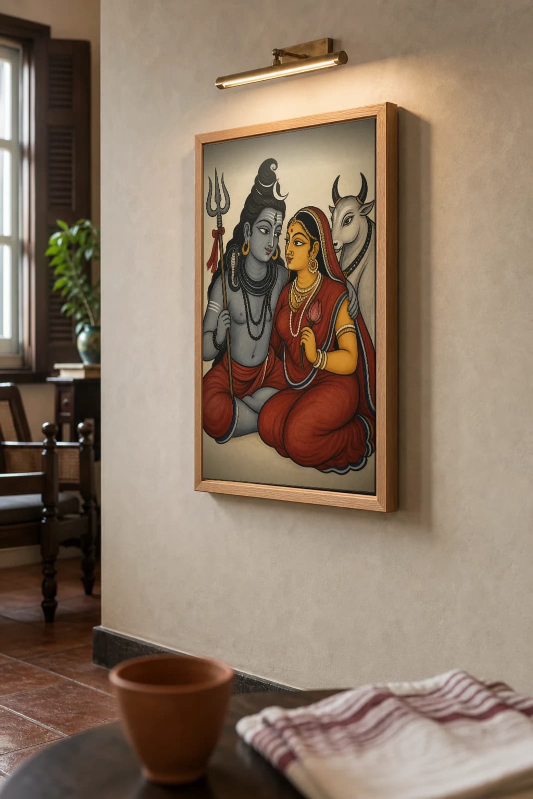 Hara Gauri — Kalighat-style devotional art print of Shiva and Parvati seated with Nandi, Bengal patua brush · collector edition · framed A2 — the framed print shown at a three-quarter angle on a styled gallery wall in a natural-oak frame