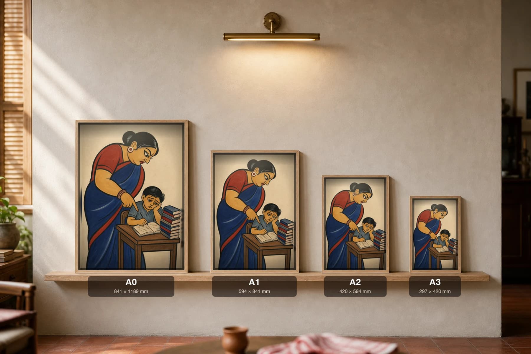 The Exam Tiger-Parent — Kalighat-style art print of a mother driving her son over his books, Bengal patua brush · collector edition · framed A2 — print size guide showing the artwork at A0, A1, A2 and A3 in natural-oak frames at true relative scale