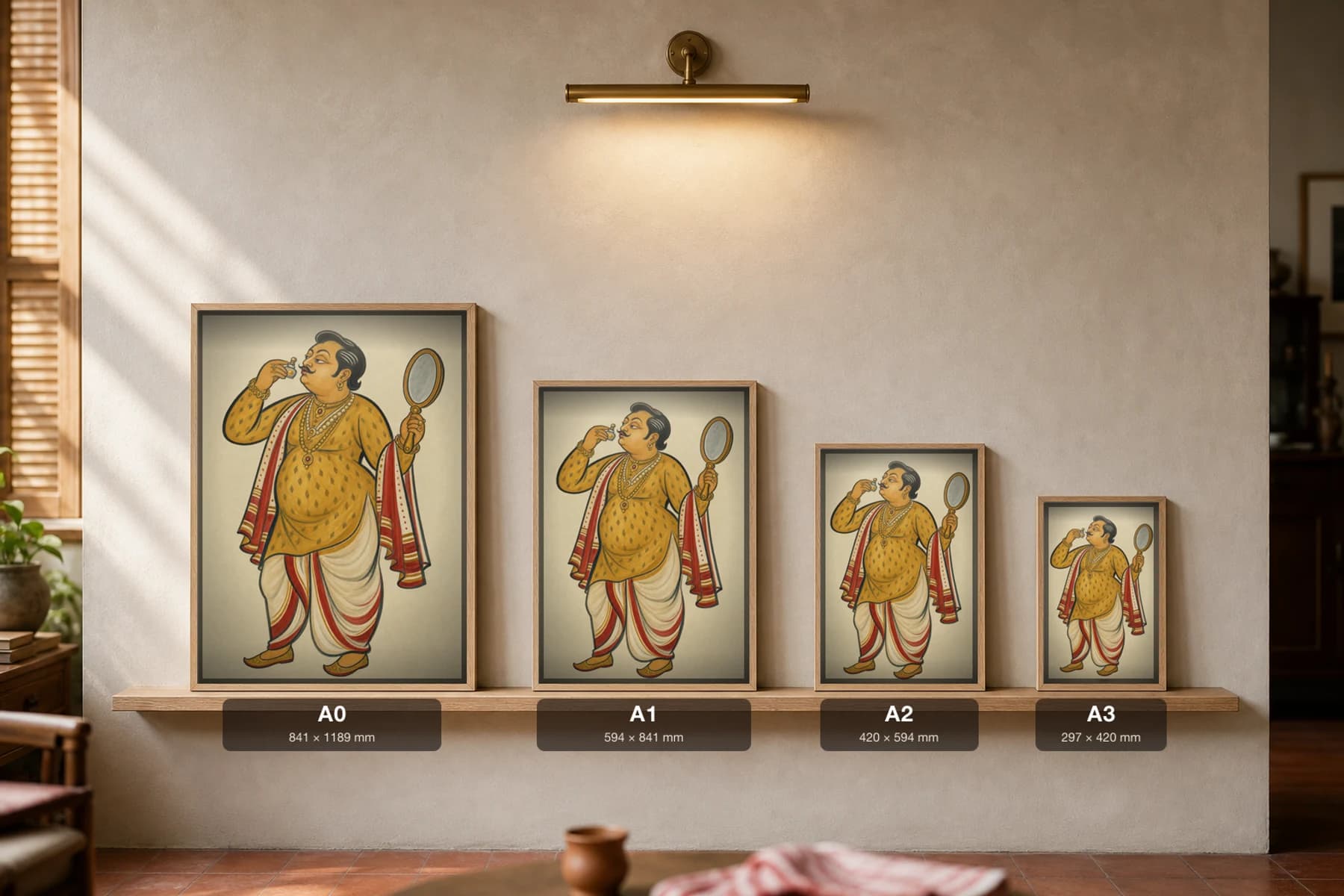The Biye-Bari Show-Off — Kalighat-style art print of a gold-draped dandy preening for the wedding, Bengal patua brush · collector edition · framed A2 — print size guide showing the artwork at A0, A1, A2 and A3 in natural-oak frames at true relative scale