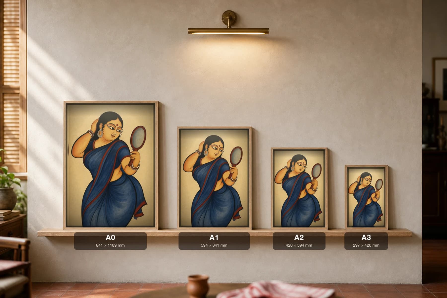Bibi at Her Mirror — Kalighat-style art print of a woman at her toilette with a hand mirror, Bengal patua brush · collector edition · framed A2 — print size guide showing the artwork at A0, A1, A2 and A3 in natural-oak frames at true relative scale