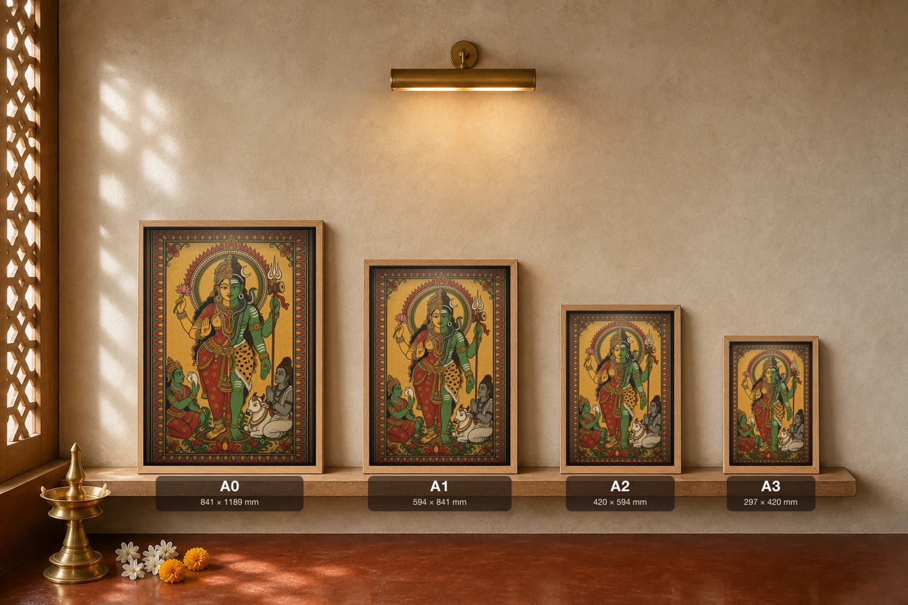 Ardhanareeswara Kerala Mural Art Print — half-Shiva half-Parvati composite in flat panchavarna bhitti-chitra style, collector edition of 500 — print size guide showing the artwork at A0, A1, A2 and A3 in natural-oak frames at true relative scale