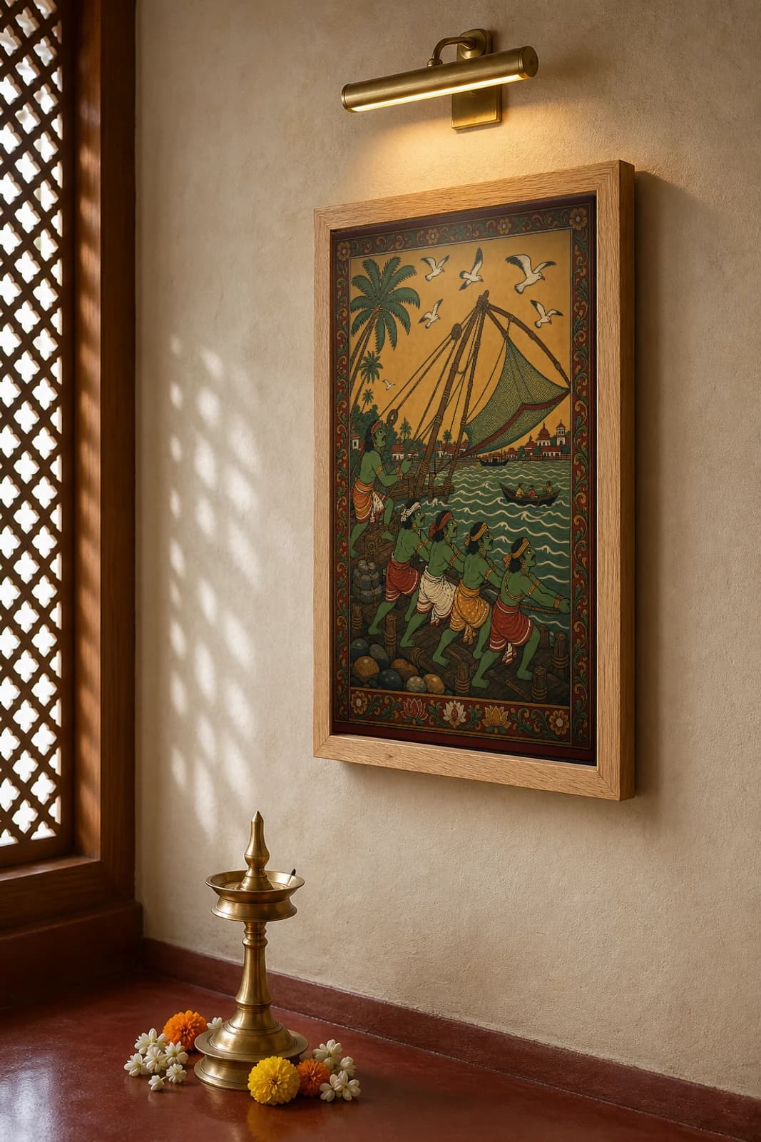 Cheena Vala Kerala Mural Art Print — Fort Kochi Chinese fishing nets in flat panchavarna bhitti-chitra style, collector edition of 500 — the framed print shown at a three-quarter angle on a styled gallery wall in a natural-oak frame