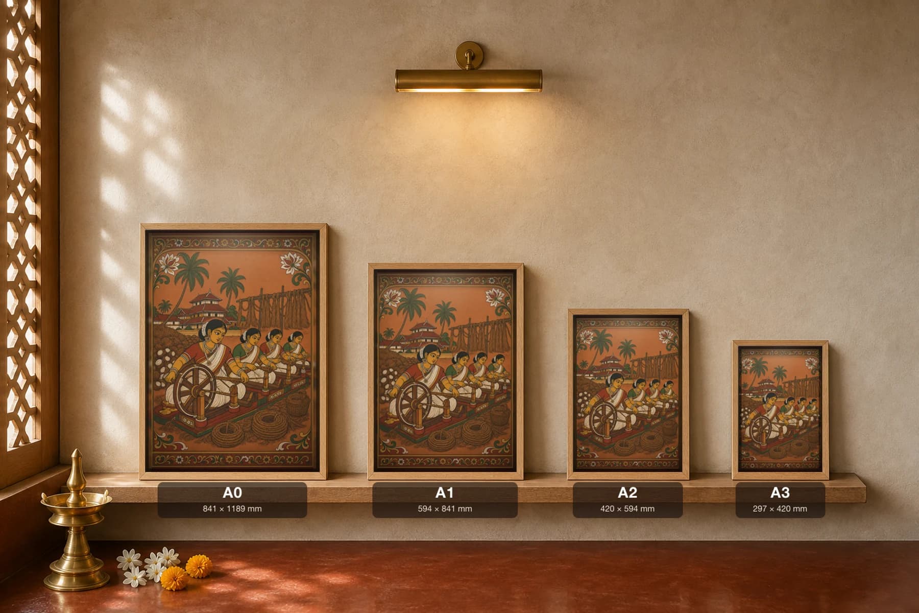 Coir Spinning Yard Kerala Mural Art Print — women spinning coconut-fibre coir in flat panchavarna bhitti-chitra style, collector edition of 500 — print size guide showing the artwork at A0, A1, A2 and A3 in natural-oak frames at true relative scale