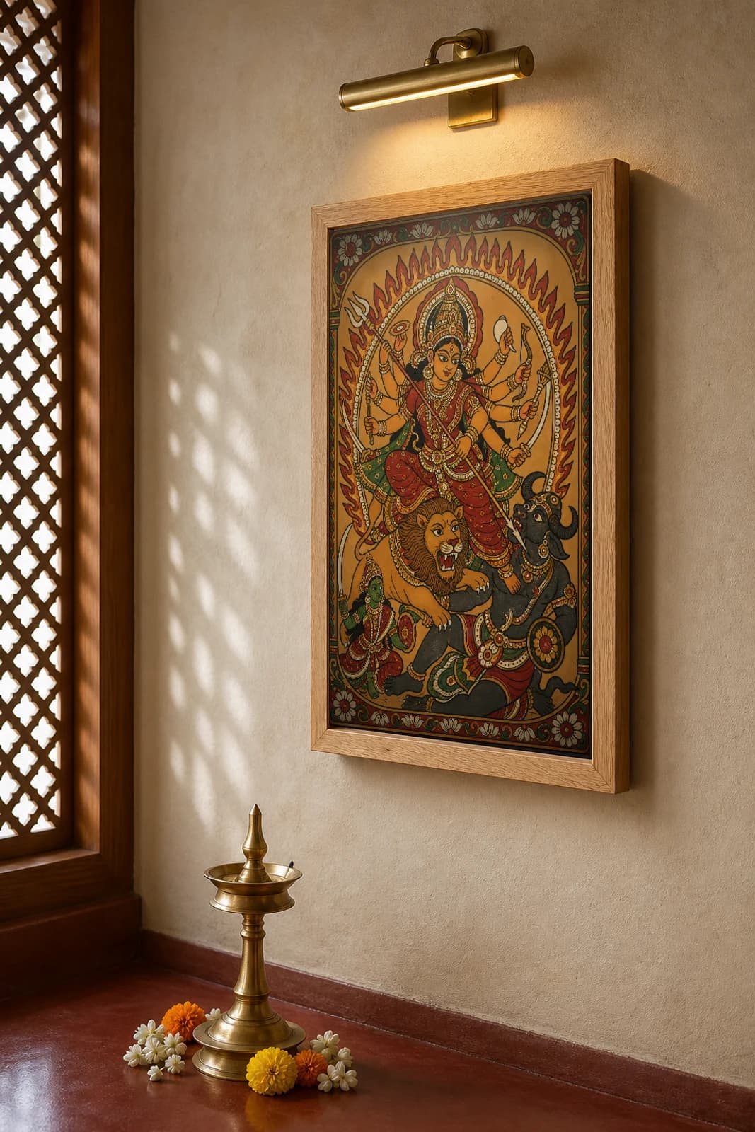 Durga Mahishasuramardini Kerala Mural Art Print — goddess slaying the buffalo demon in flat panchavarna bhitti-chitra style, collector edition of 500 — the framed print shown at a three-quarter angle on a styled gallery wall in a natural-oak frame