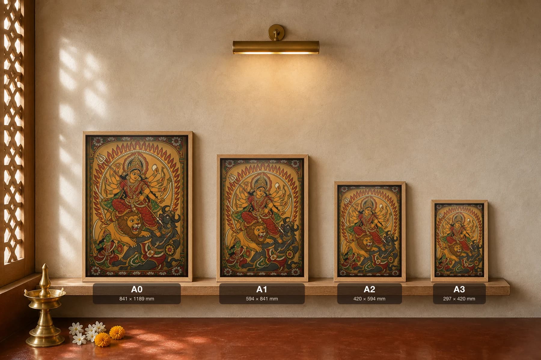 Durga Mahishasuramardini Kerala Mural Art Print — goddess slaying the buffalo demon in flat panchavarna bhitti-chitra style, collector edition of 500 — print size guide showing the artwork at A0, A1, A2 and A3 in natural-oak frames at true relative scale