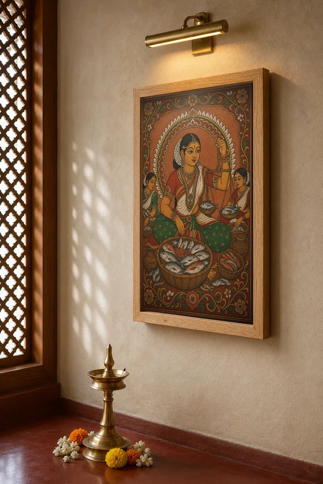 Kerala Fisherwoman Market Art Print — fish seller with hand-balance in flat panchavarna bhitti-chitra style, collector edition of 500 — the framed print shown at a three-quarter angle on a styled gallery wall in a natural-oak frame