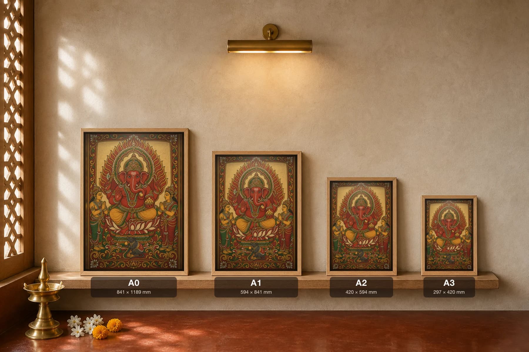 Ganapati Vighnaharta Kerala Mural Art Print — lotus-seated Ganesha with mouse in flat panchavarna bhitti-chitra style, collector edition of 500 — print size guide showing the artwork at A0, A1, A2 and A3 in natural-oak frames at true relative scale